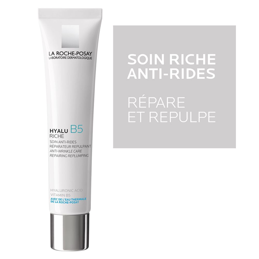 LA ROCHE-POSAY Hyalu B5 Riche. Tube blanc avec bouchon argenté. Texte : Soin Riche Anti-Rides, Répare et Repulpe.