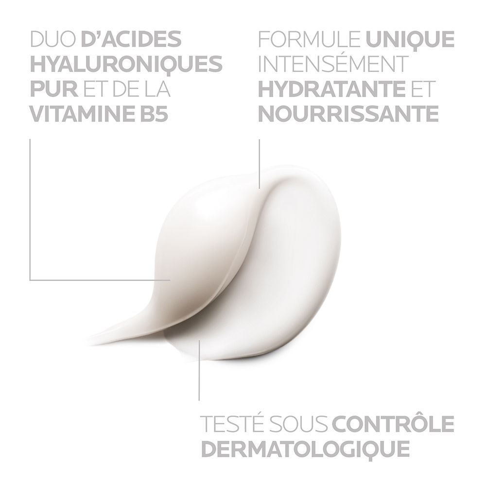 Texte : Duo d'acides hyaluroniques pur et de la vitamine B5. Formule unique intensément hydratante et nourrissante. Testé sous contrôle dermatologique.