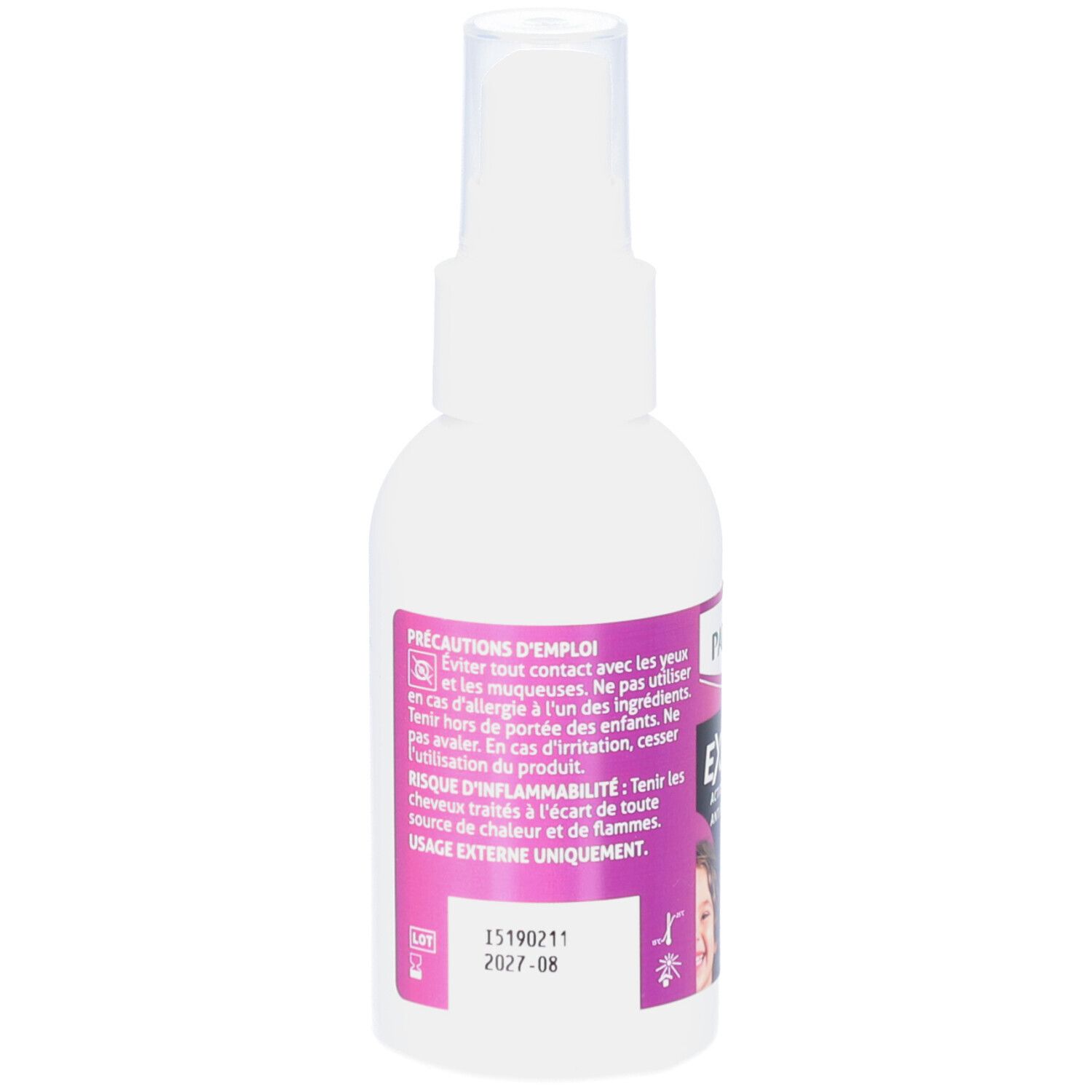 Flacon spray blanc avec étiquette rose. Texte : Précautions d'emploi, usage externe uniquement. Ne pas avaler.