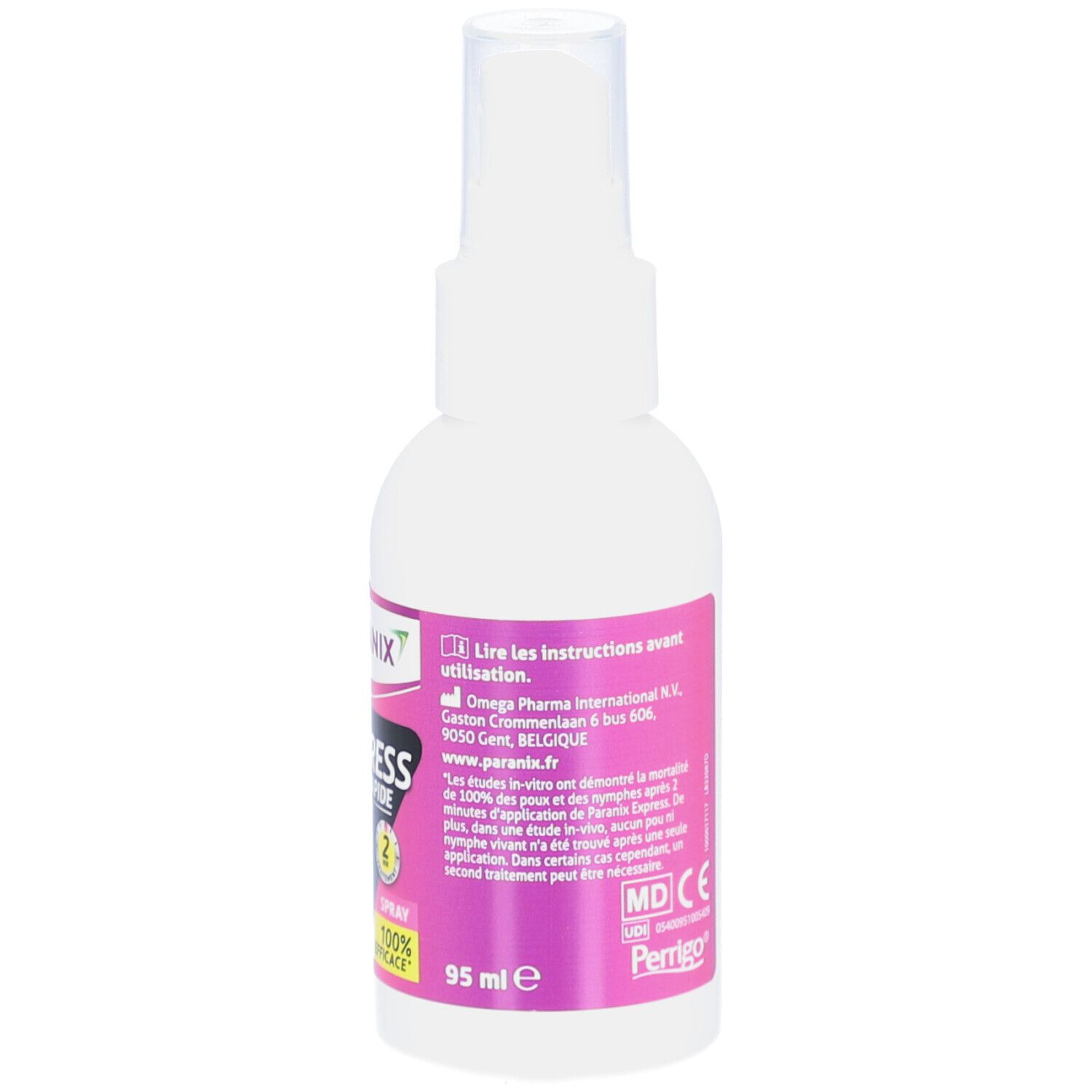 Flacon spray blanc avec étiquette rose. Texte : Lire les instructions, 95 ml. Adresse du fabricant.