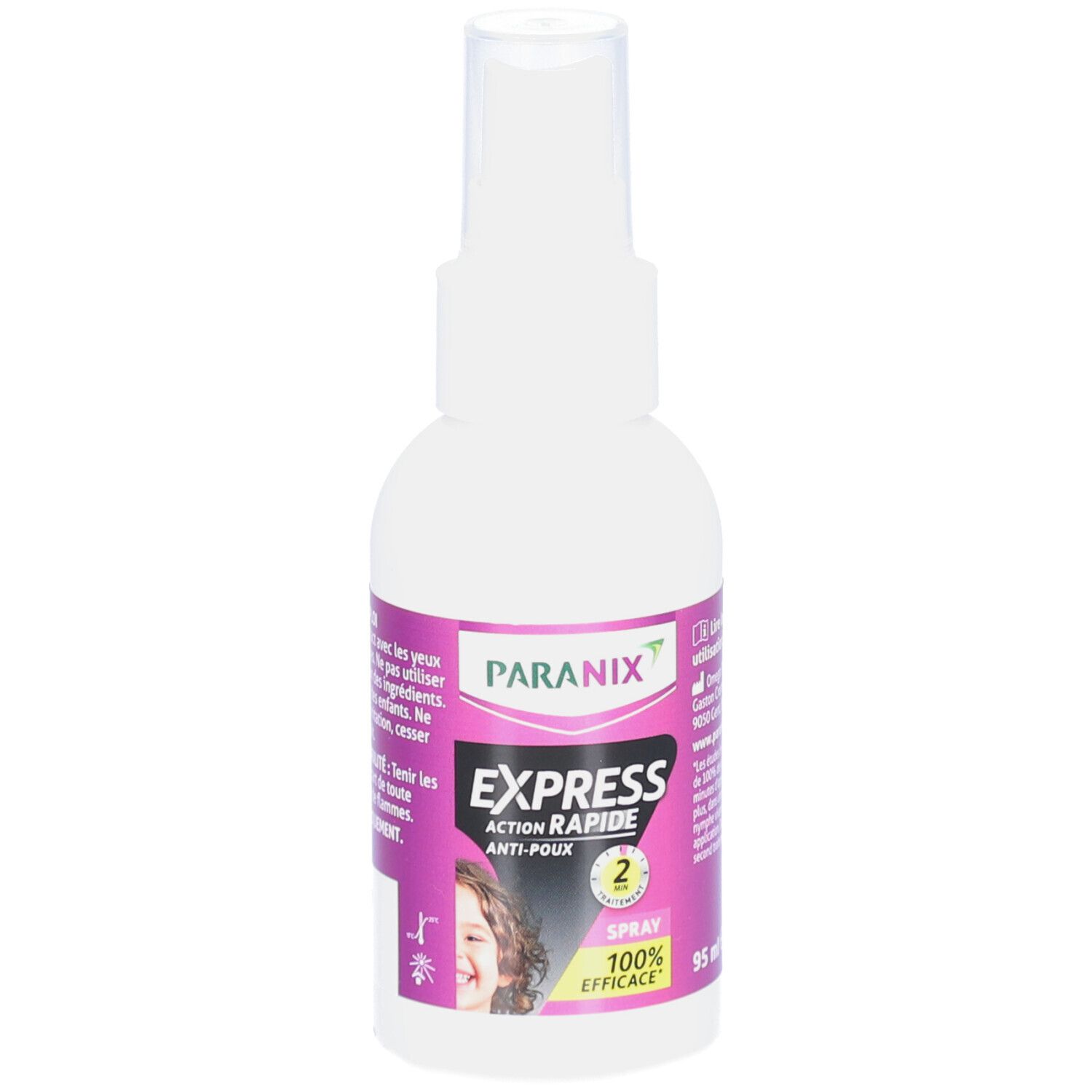 Flacon spray blanc avec étiquette rose. Texte : PARANIX, EXPRESS, ACTION RAPIDE, ANTI-POUX, 100% EFFICACE.