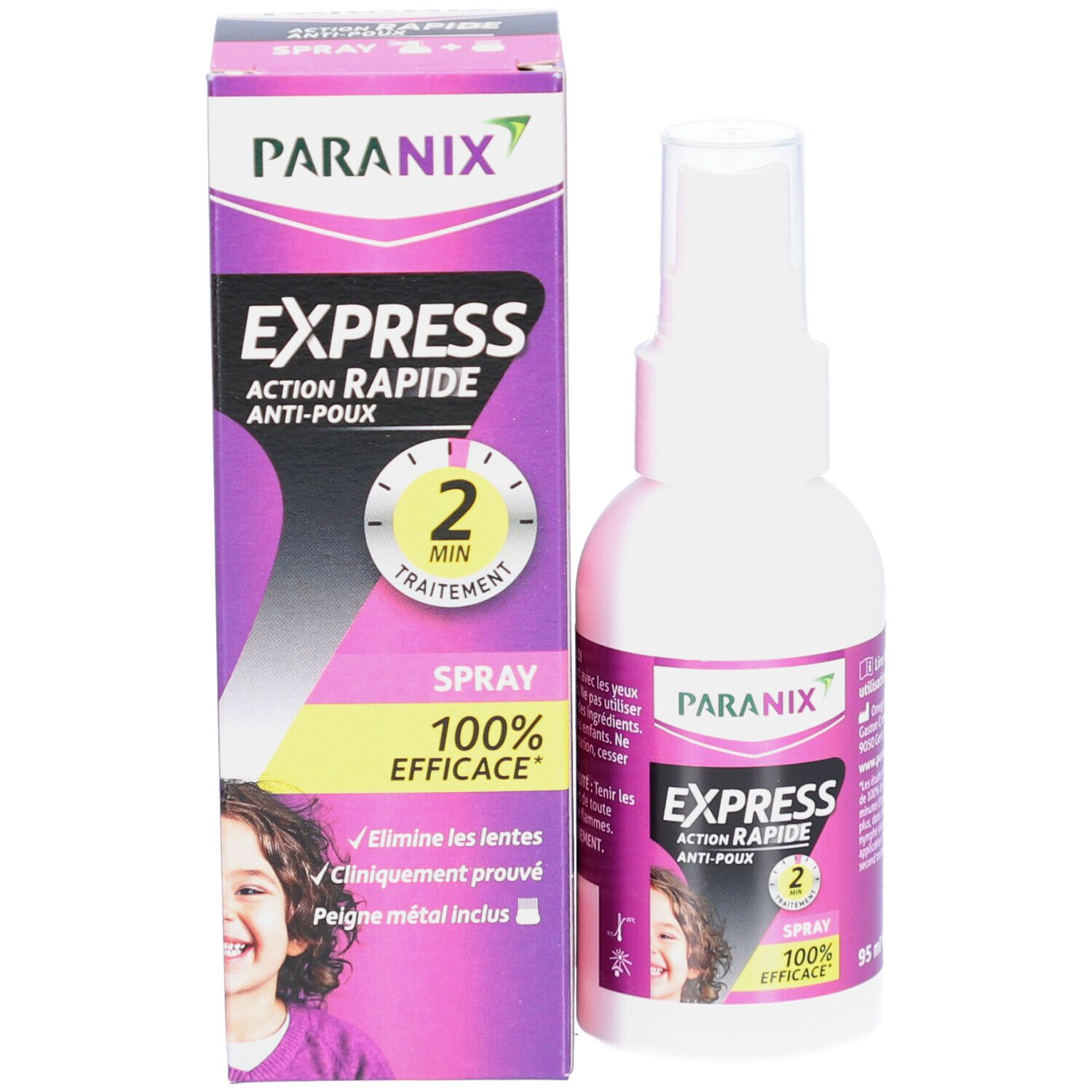 Emballage produit avec flacon spray. Texte : PARANIX, EXPRESS, ACTION RAPIDE, ANTI-POUX, 100% EFFICACE. Peigne métal inclus.