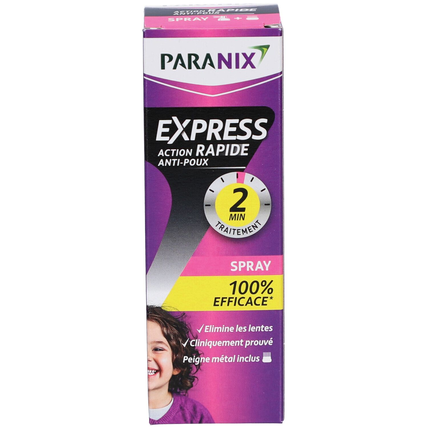 Emballage produit. Texte : PARANIX, EXPRESS, ACTION RAPIDE, ANTI-POUX, 100% EFFICACE. Peigne métal inclus.
