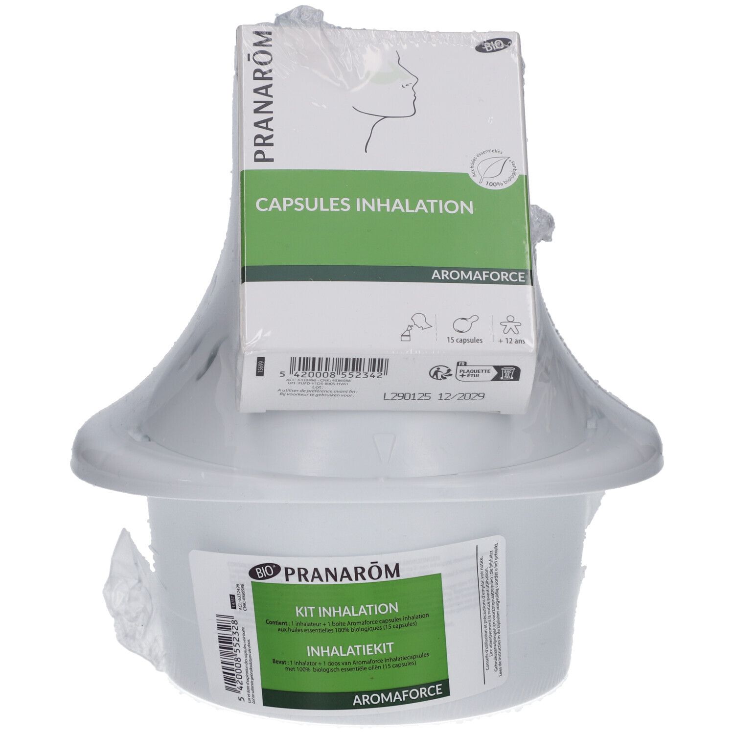 Kit d'inhalation avec capsules. Récipient blanc avec couvercle et boîte de capsules. Inscription : Aromaforce, Pranarôm.