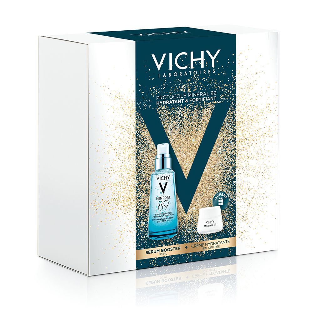Coffret blanc VICHY. Contient sérum et crème. Texte: Protocole Minéral 89 Hydratant & Fortifiant. Logo V.