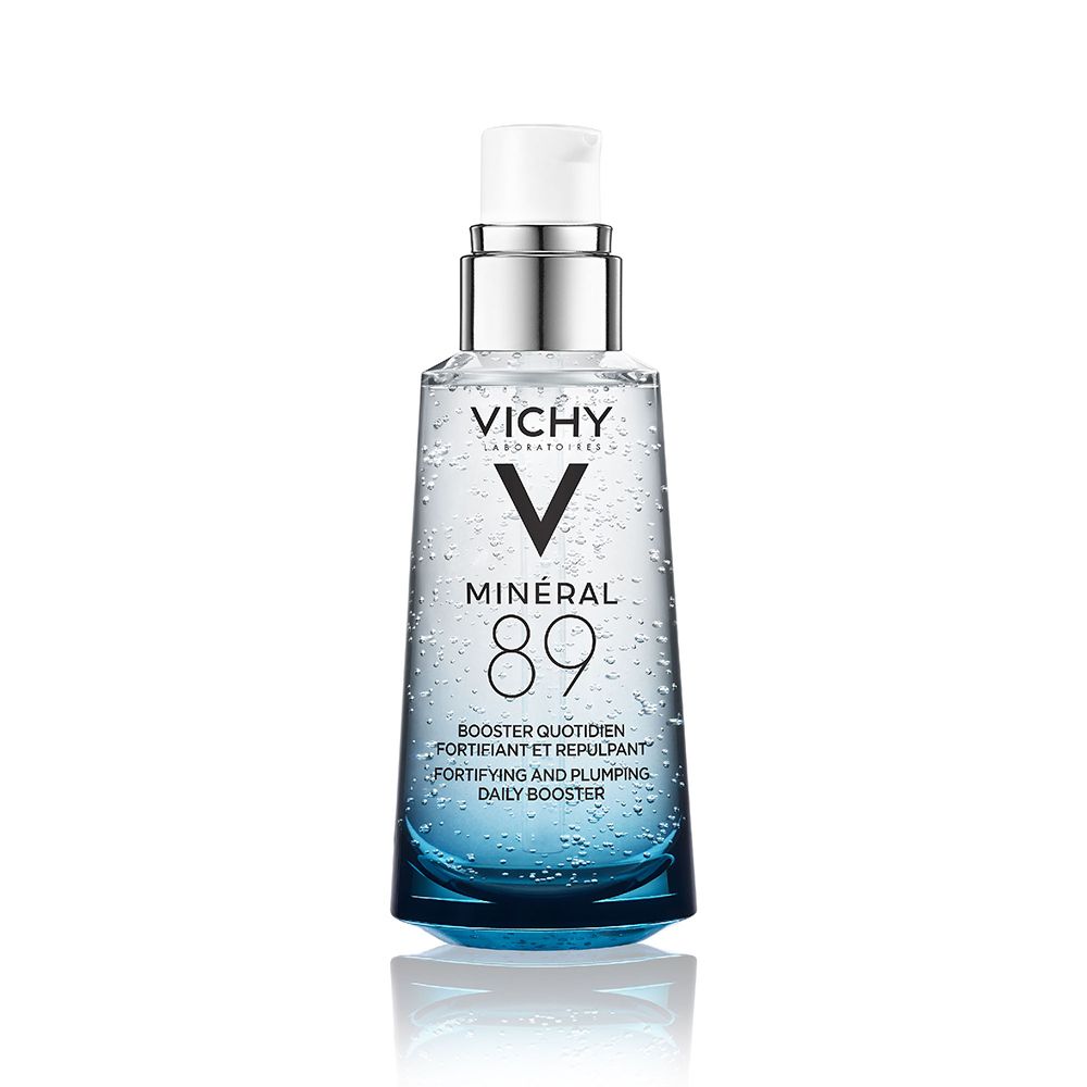 Flacon en verre bleu avec sérum. Logo VICHY et Mineral 89. Booster quotidien fortifiant et repulpant.