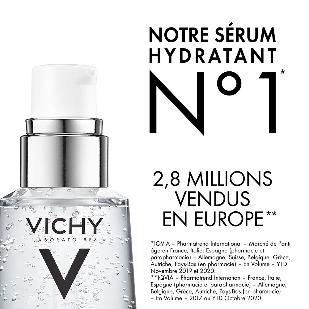Gros plan sur le flacon de sérum. Texte: Notre sérum hydratant N°1. 2,8 millions de ventes en Europe.
