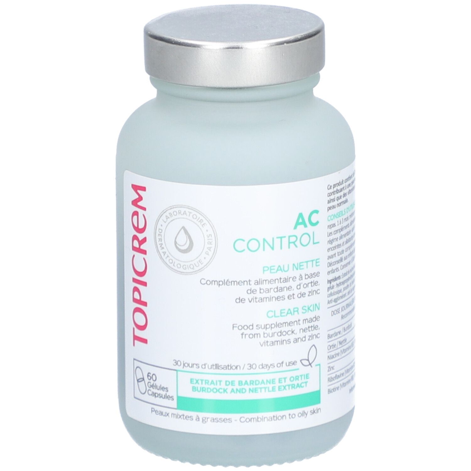 Flacon Topicrem AC Control. Complément alimentaire pour peau nette. 60 gélules. Bouchon métal.