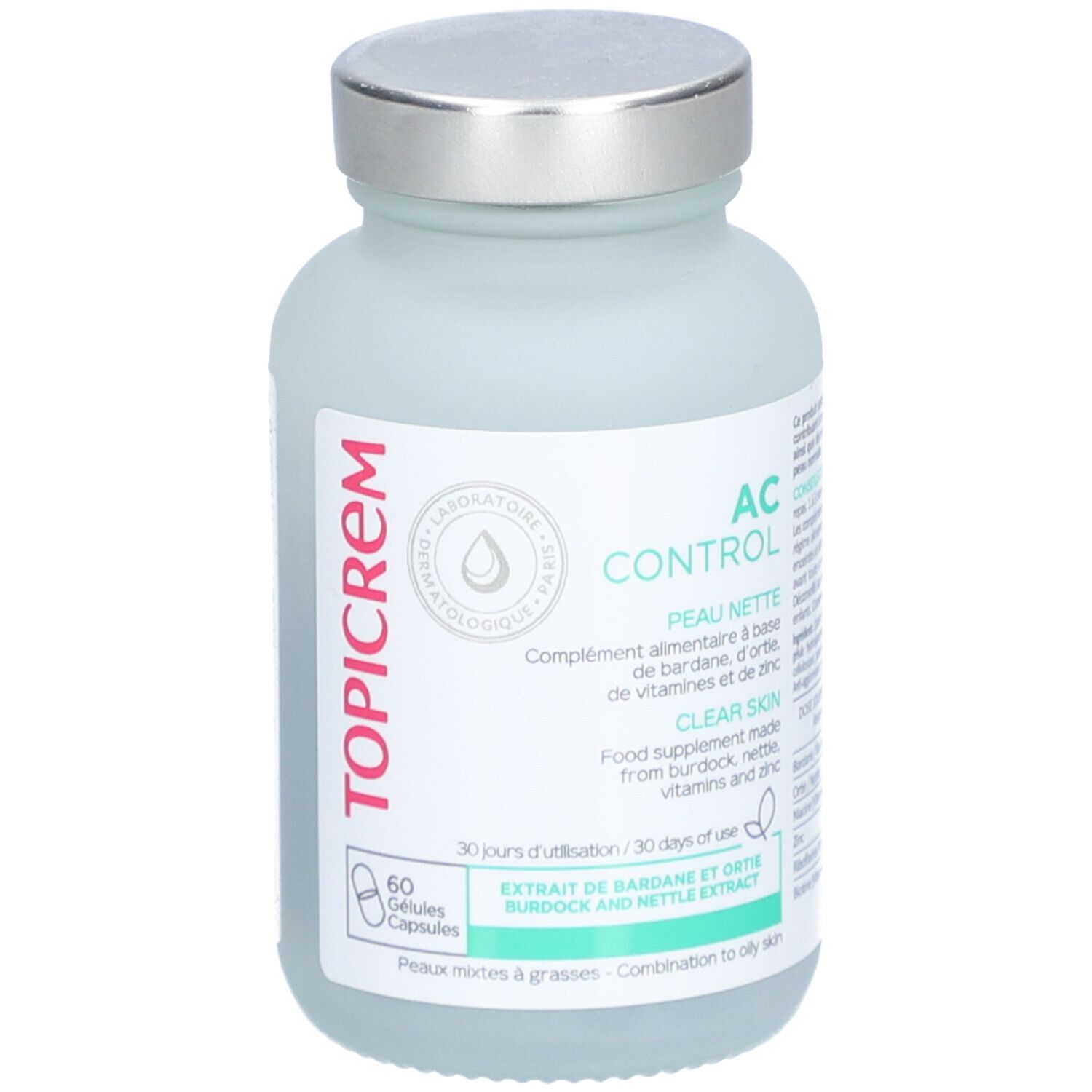 Flacon Topicrem AC Control. Complément alimentaire pour peau nette. 60 gélules. Bouchon métal.