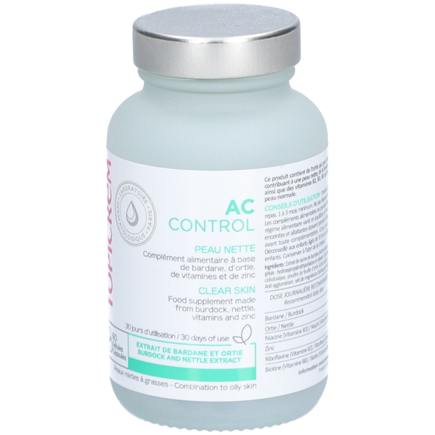 Flacon Topicrem AC Control. Complément alimentaire pour peau nette. 60 gélules. Bouchon métal.