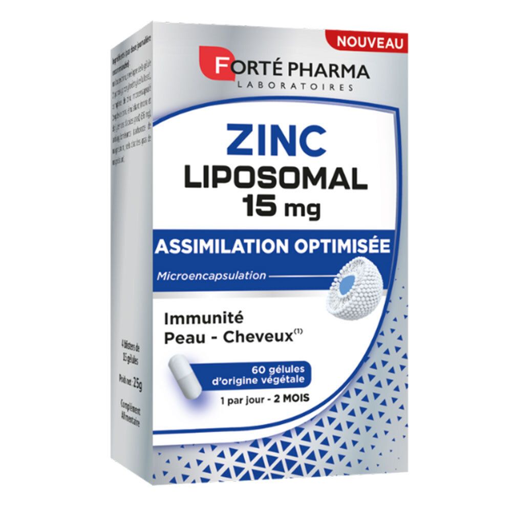 Boîte "ZINC LIPOSOMAL 15 mg" de FORTÉ PHARMA. Contient 60 gélules. Texte : "Assimilation optimisée".