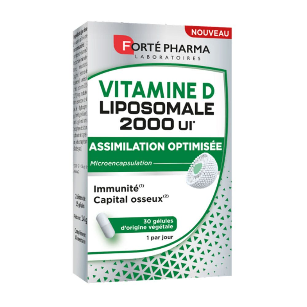 Boîte de FORTÉ PHARMA Vitamine D Lipsomale 2000 UI. Design vert et blanc avec nom du produit et illustration de gélule. Contient 30 gélules.