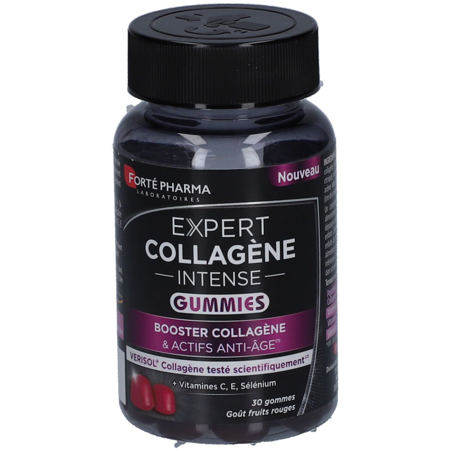 Flacon de gummies Expert Collagène Intense. Contient 30 gummies. Ingrédients: Vitamines C, E, Sélénium. Goût fruits rouges.