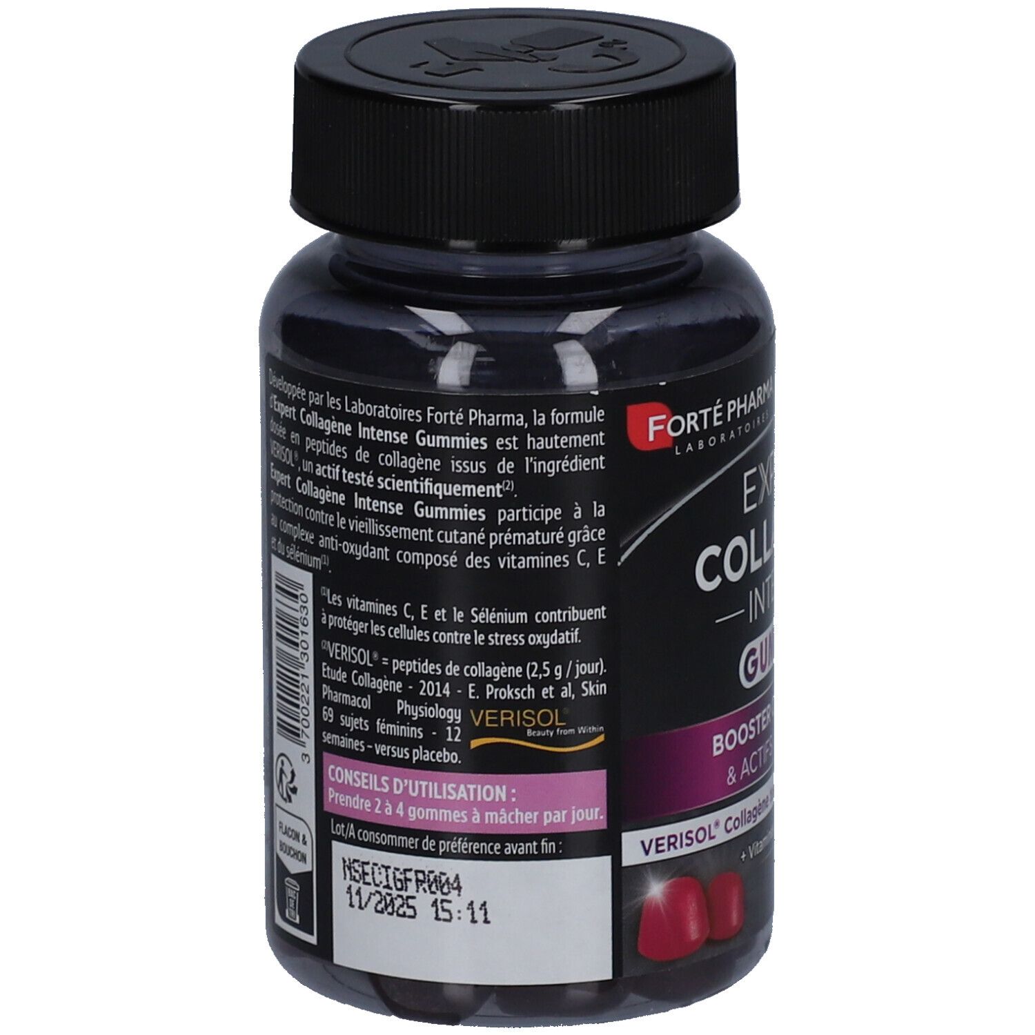 Dos de flacon Expert Collagène Intense Gummies. Informations sur les ingrédients et l'utilisation. Date de péremption visible.