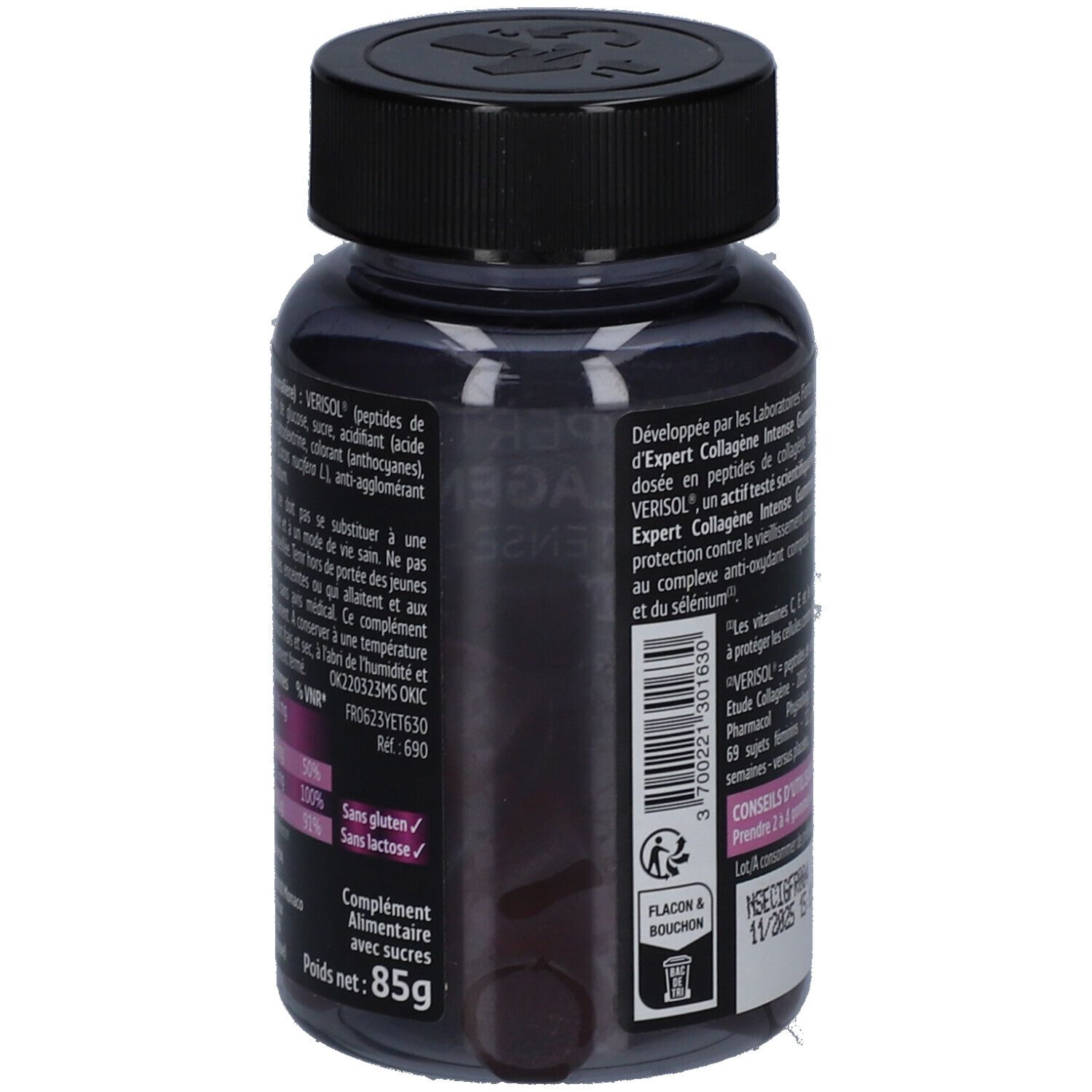 Dos du flacon Expert Collagène Intense Gummies. Informations sur les ingrédients et l'utilisation. Poids net: 85g.