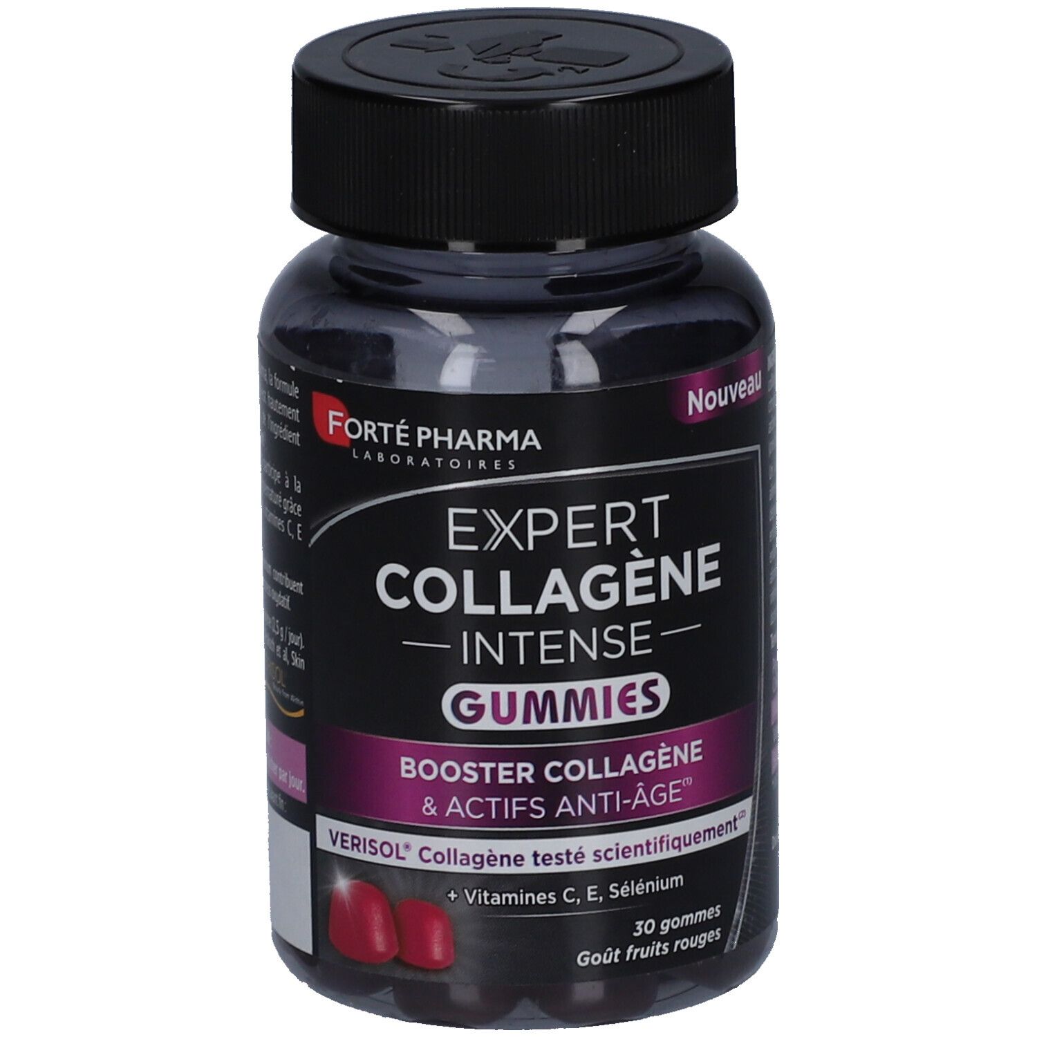 Flacon de gummies Expert Collagène Intense. Contient 30 gummies. Ingrédients: Vitamines C, E, Sélénium. Goût fruits rouges.