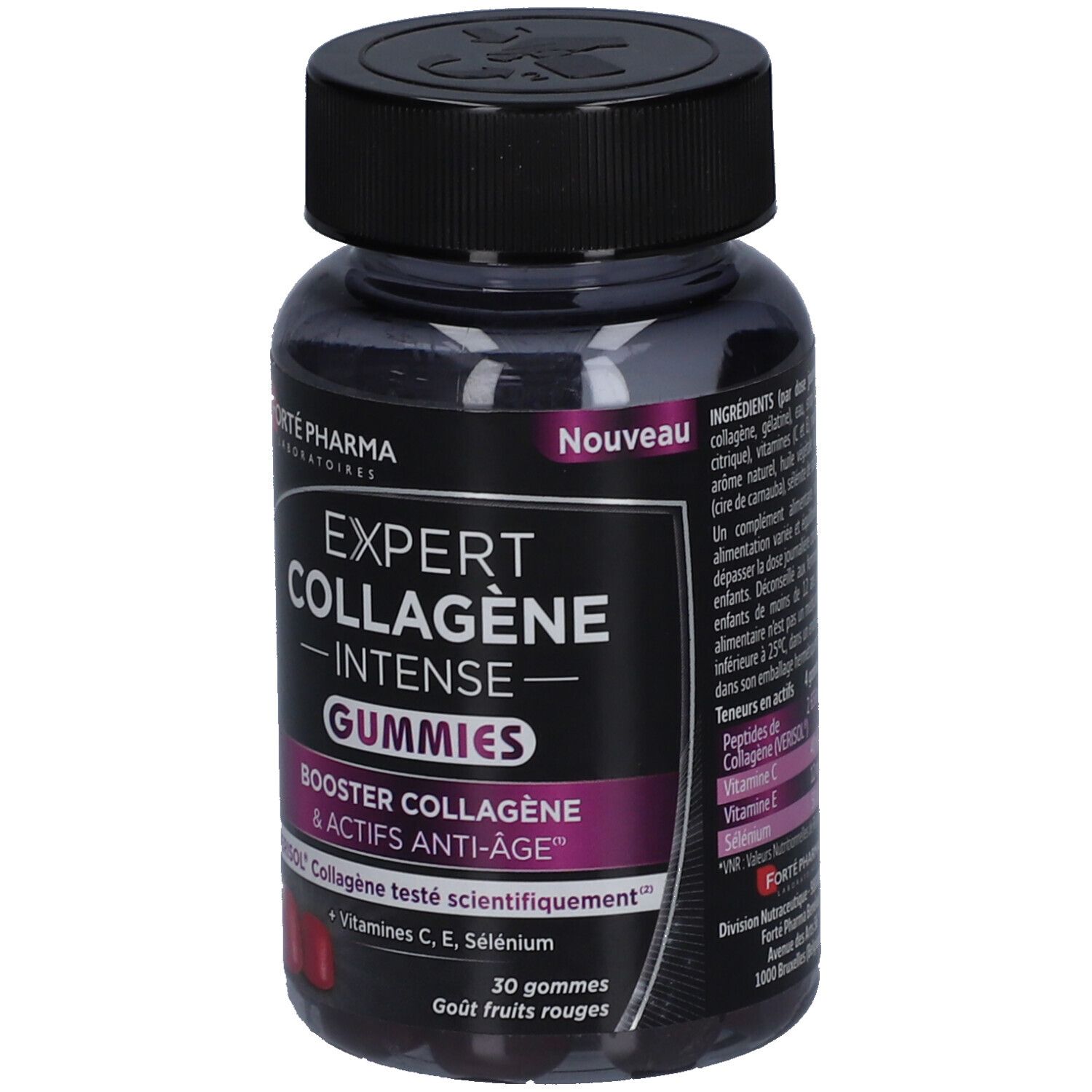 Flacon de gummies Expert Collagène Intense. Contient 30 gummies. Ingrédients: Vitamines C, E, Sélénium. Goût fruits rouges.