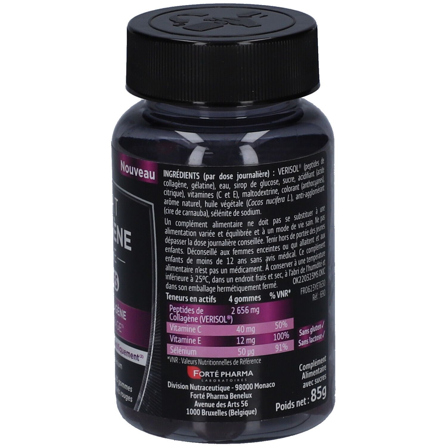 Dos du flacon Expert Collagène Intense Gummies. Informations sur les ingrédients et l'utilisation. Poids net: 85g.