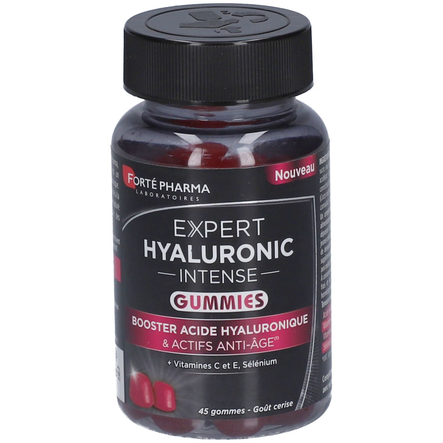 Flacon de FORTÉ PHARMA Expert Hyaluronic Intense Gummies. Bouchon noir, flacon transparent, gummies rouges. Texte: Expert Hyaluronic Intense Gummies.