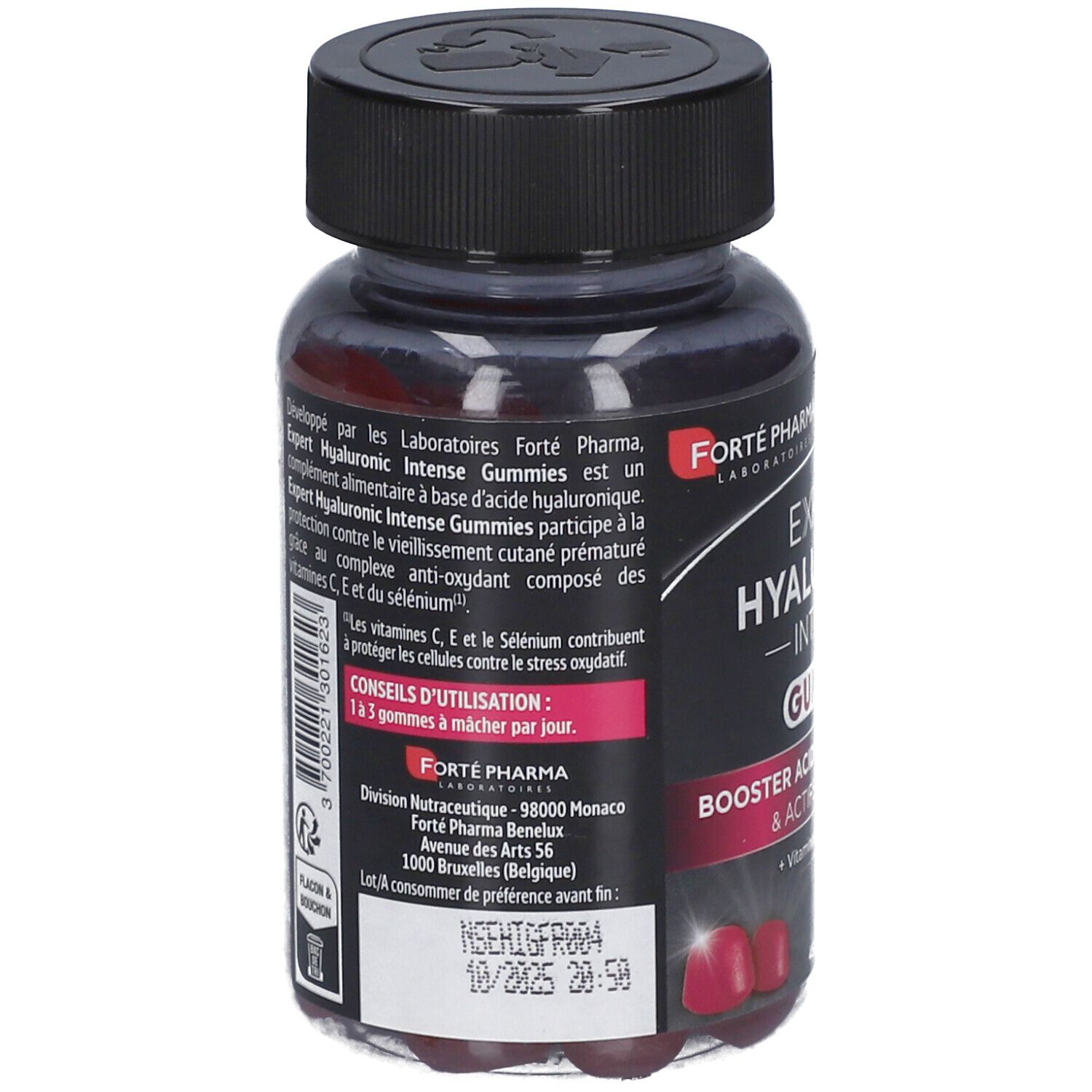 Dos du flacon FORTÉ PHARMA Expert Hyaluronic Intense Gummies. Bouchon noir, flacon transparent. Texte: Expert Hyaluronic Intense Gummies, conseils d'utilisation.