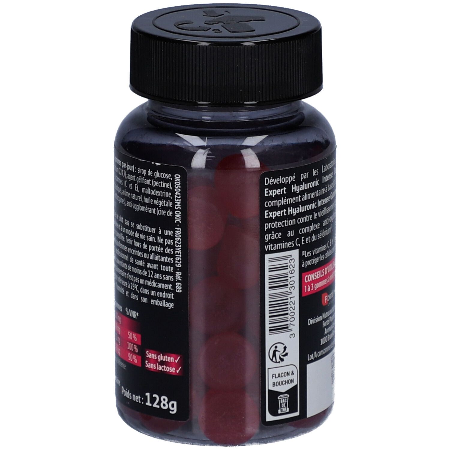 Dos du flacon FORTÉ PHARMA Expert Hyaluronic Intense Gummies. Bouchon noir, flacon transparent. Texte: Expert Hyaluronic Intense Gummies, ingrédients, 128g.