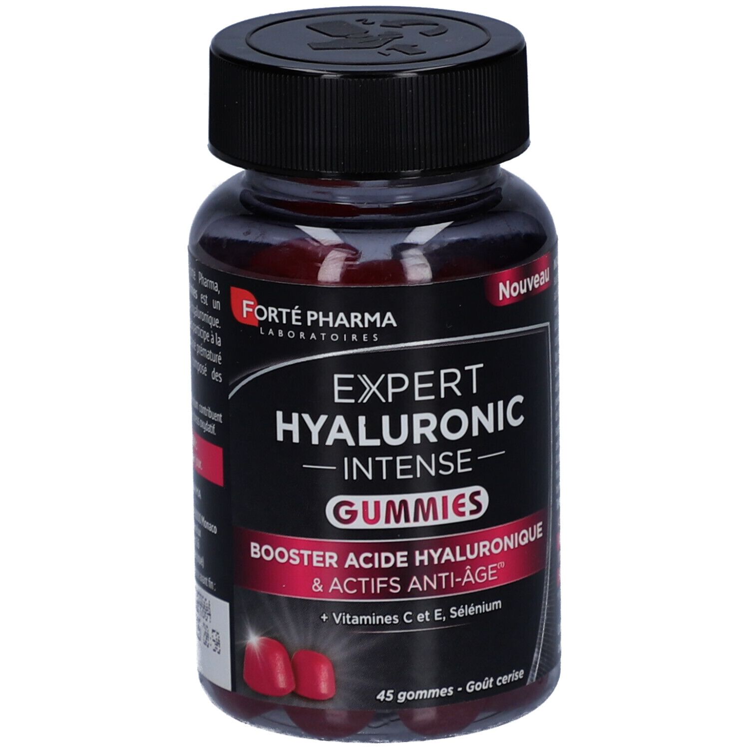 Flacon FORTÉ PHARMA Expert Hyaluronic Intense Gummies. Bouchon noir, flacon transparent, gummies rouges. Texte: Expert Hyaluronic Intense Gummies, Nouveau.