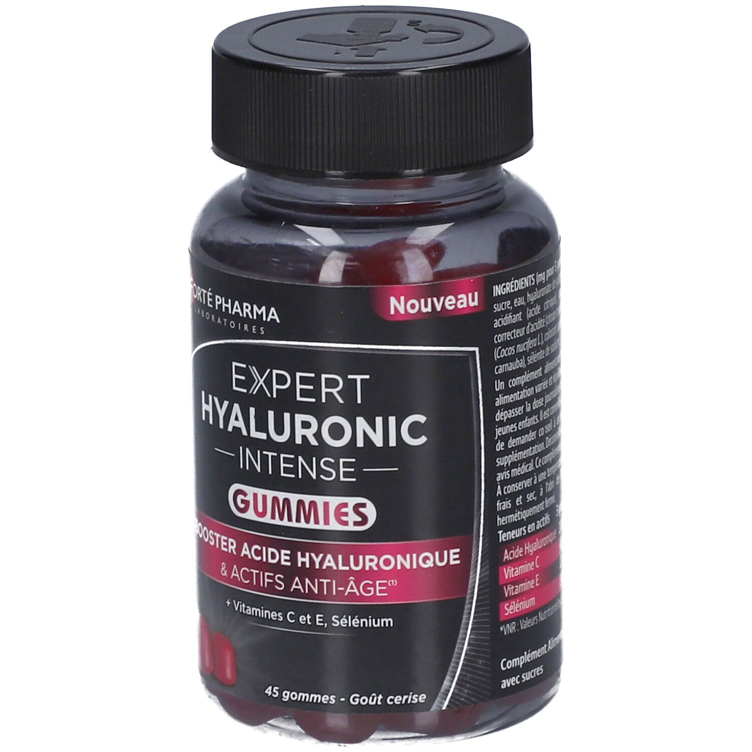 Flacon FORTÉ PHARMA Expert Hyaluronic Intense Gummies. Bouchon noir, flacon transparent. Texte: Expert Hyaluronic Intense Gummies, Nouveau, ingrédients.
