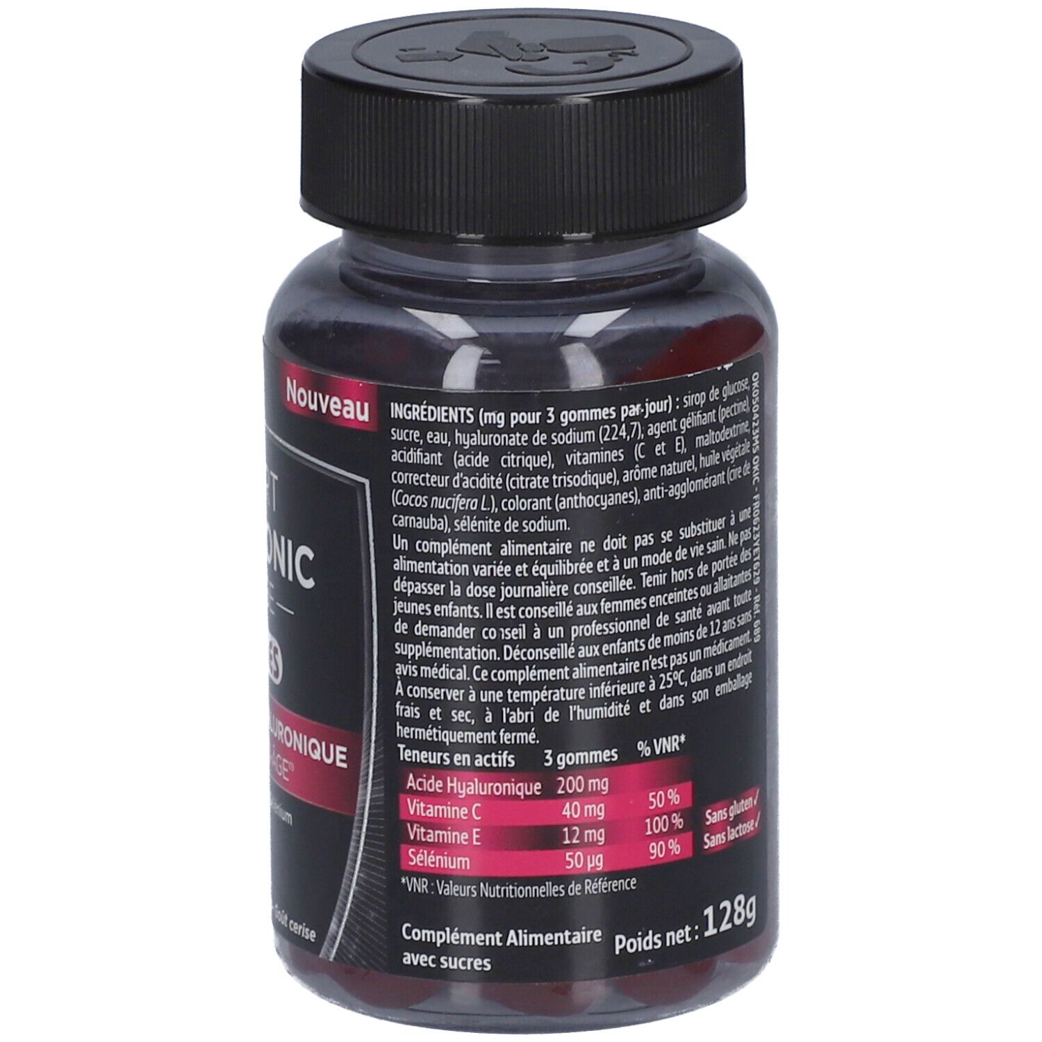 Dos du flacon FORTÉ PHARMA Expert Hyaluronic Intense Gummies. Bouchon noir, flacon transparent. Texte: Expert Hyaluronic Intense Gummies, ingrédients, 128g.