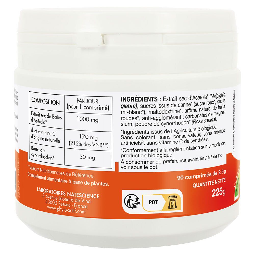 Dos du produit rond blanc. Contient ingrédients, informations nutritionnelles et symbole de recyclage.