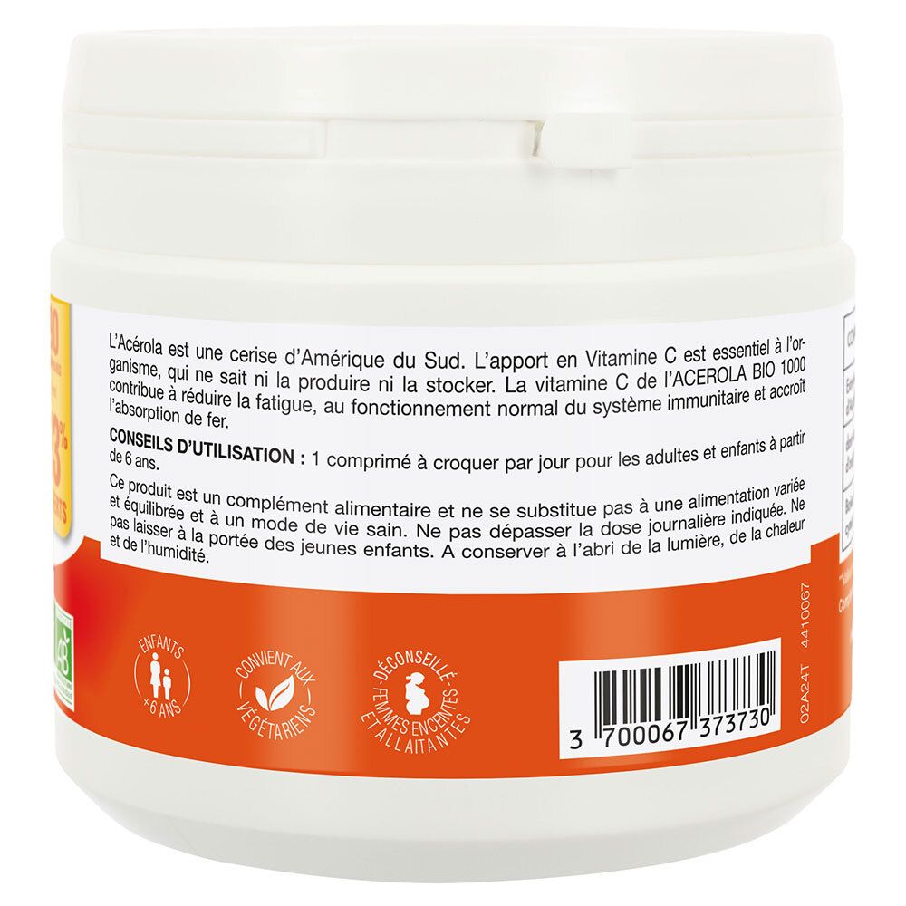 Dos du produit rond blanc. Contient conseils d'utilisation, avertissements et code-barres.