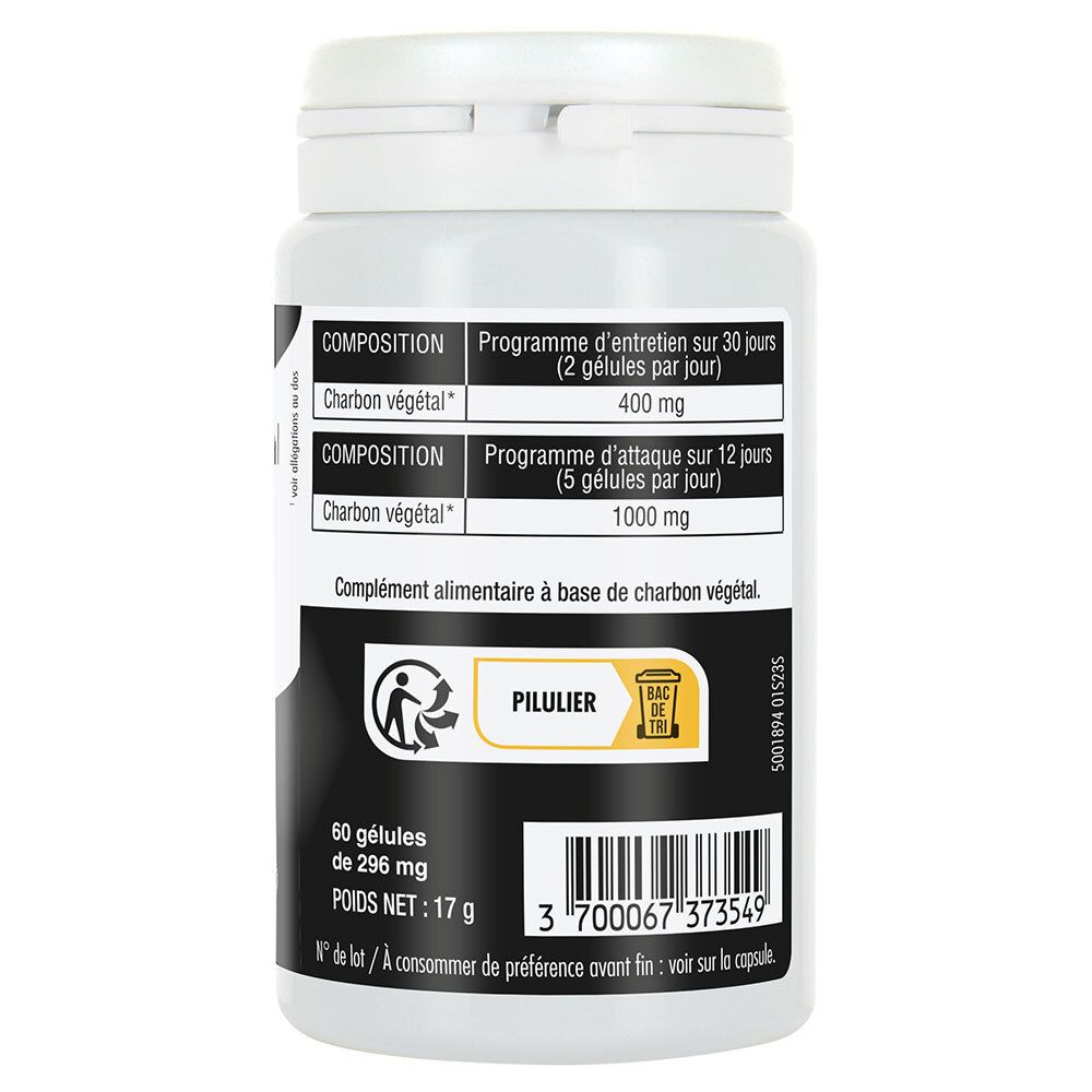 Dos du pilulier. Texte: Composition, 60 gélules, 296 mg, poids net 17 g. Code-barres et symbole de recyclage.