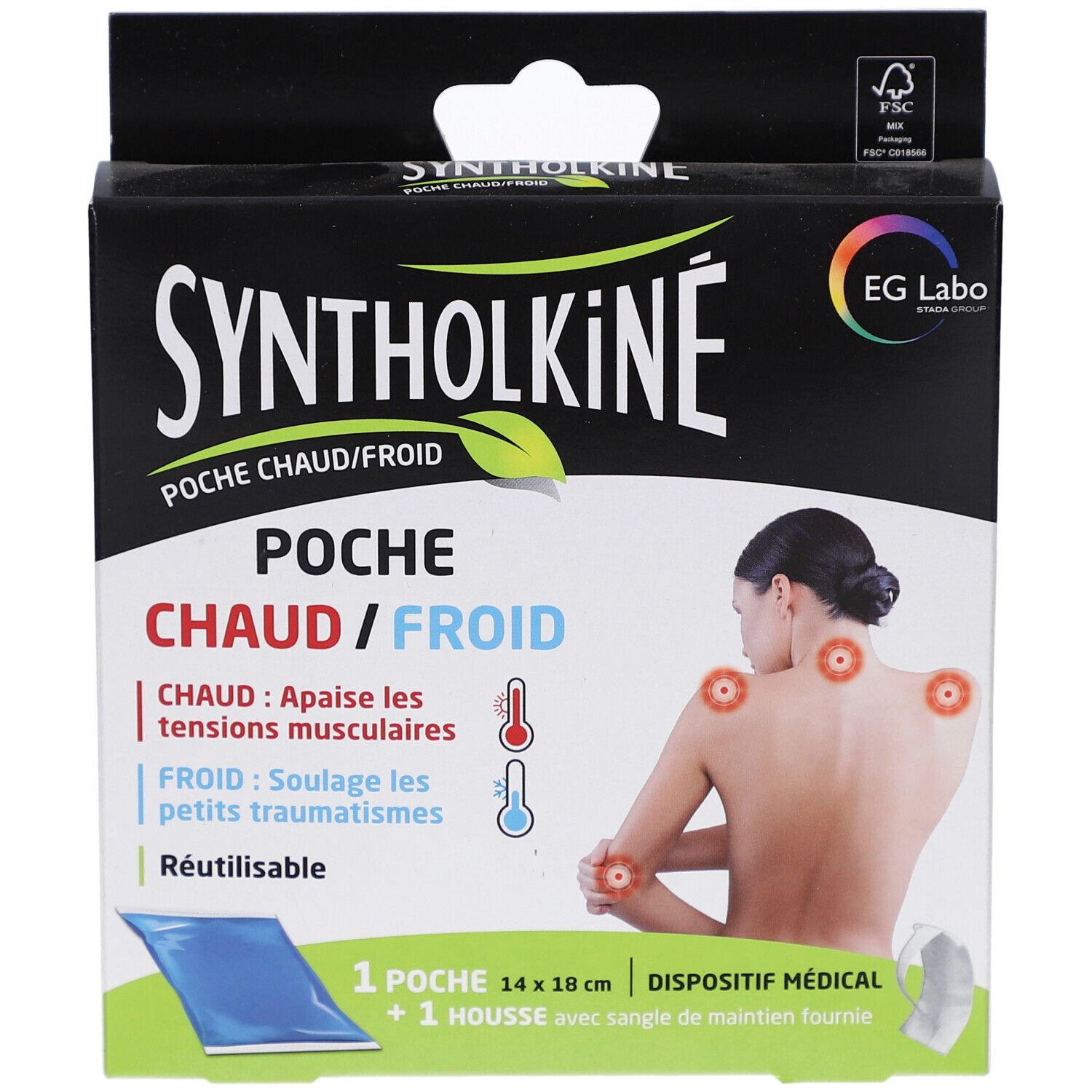 Boîte Syntholkiné Poche Chaud/Froid. Produit et utilisation. Montre une poche et une housse.