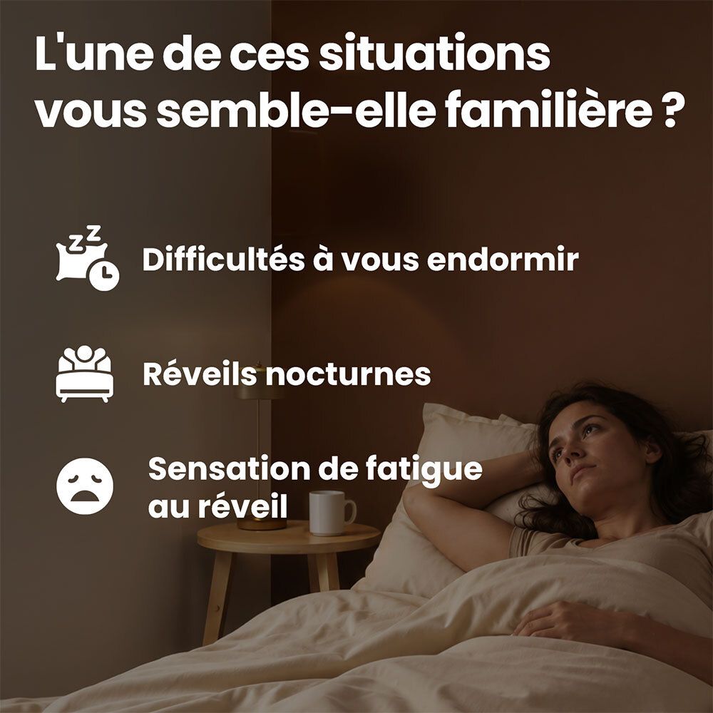 Femme au lit avec icônes pour difficultés d'endormissement, réveils nocturnes, fatigue.