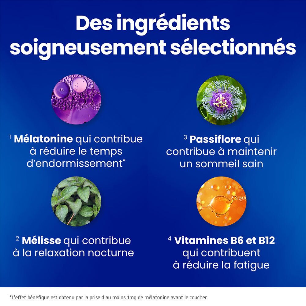 VALDISPERT : Mélatonine, Mélisse, Valériane, Pavot de Californie, Passiflore.