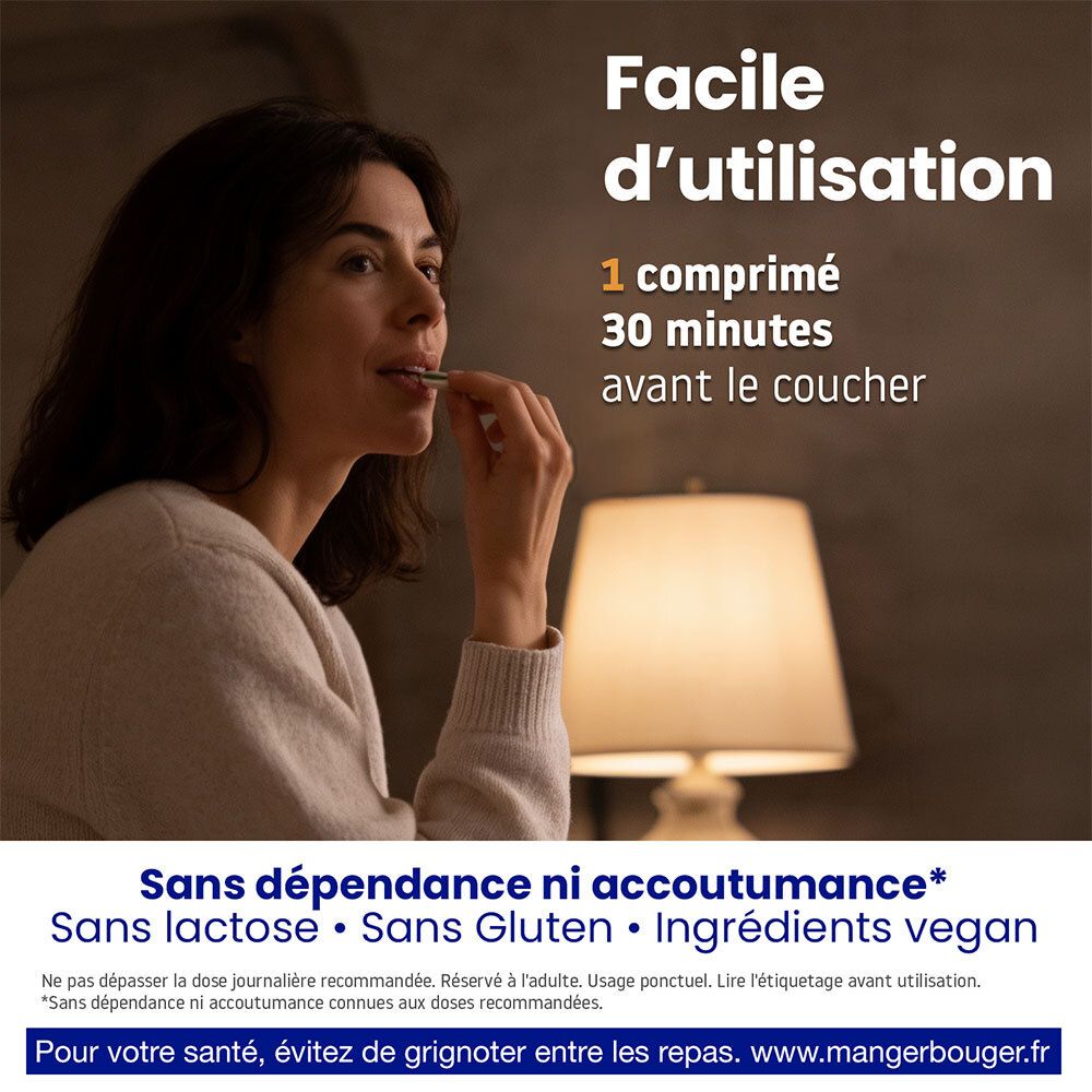 Femme prenant un comprimé. VALDISPERT : 1 comprimé 30 min avant le coucher.