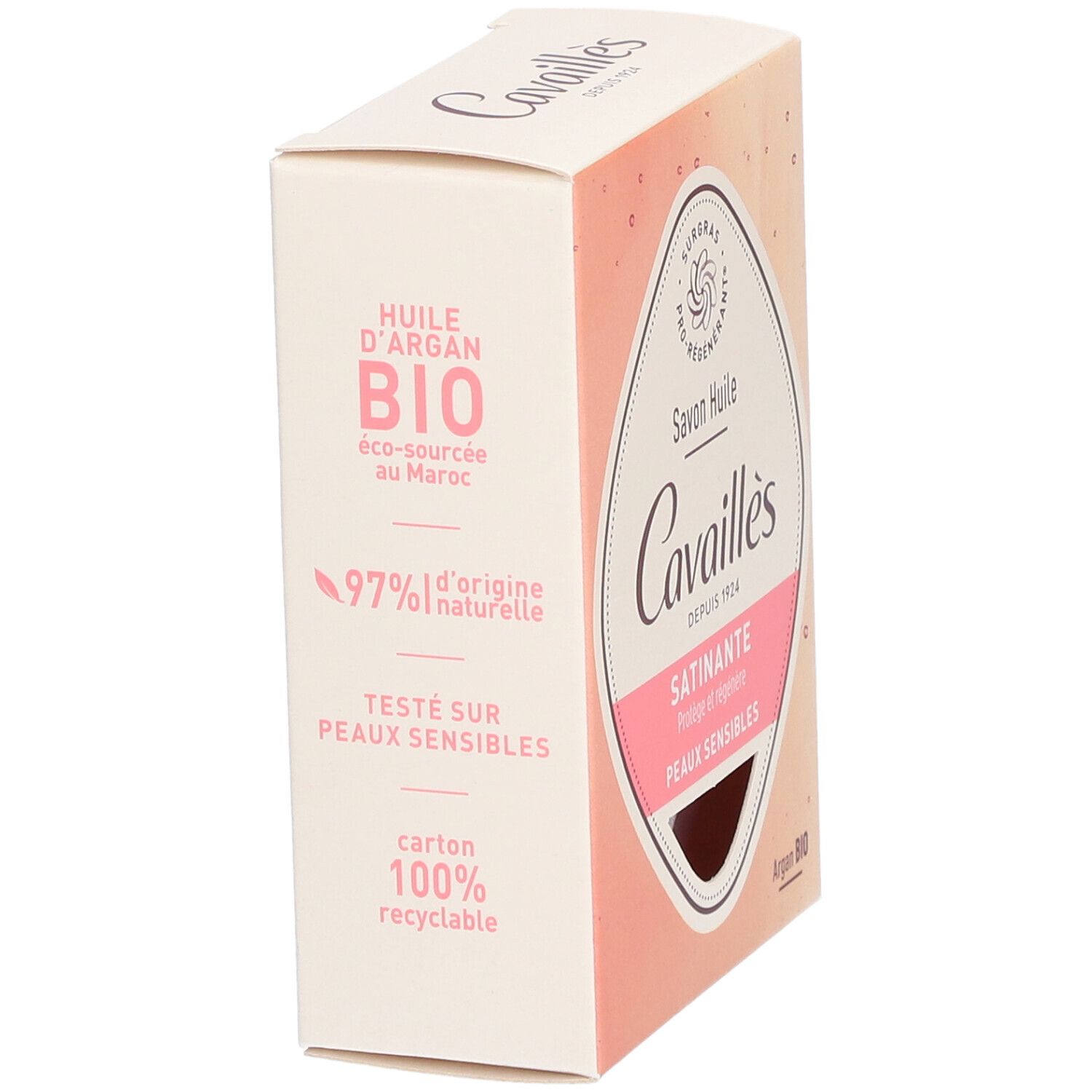 Vue latérale de la boîte. Texte: Huile d'Argan BIO, 97% ingrédients naturels, testé sur peaux sensibles.
