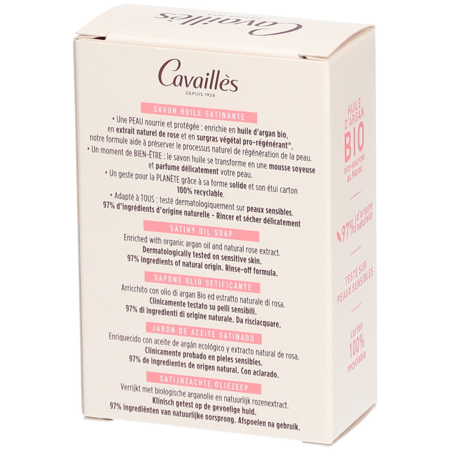 Dos de la boîte en carton. Texte multilingue: ingrédients, description du produit.