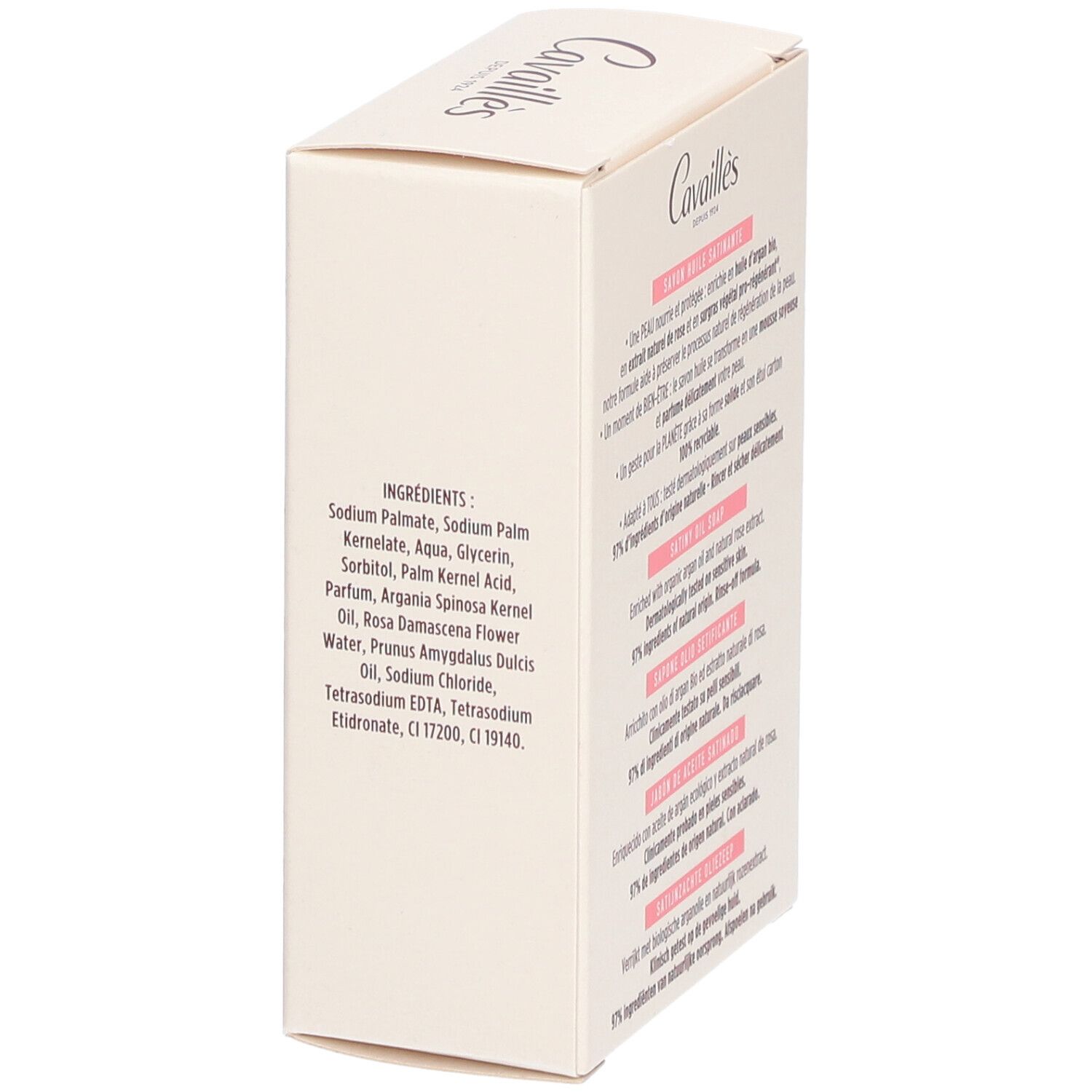 Vue latérale de la boîte en carton. Liste des ingrédients.