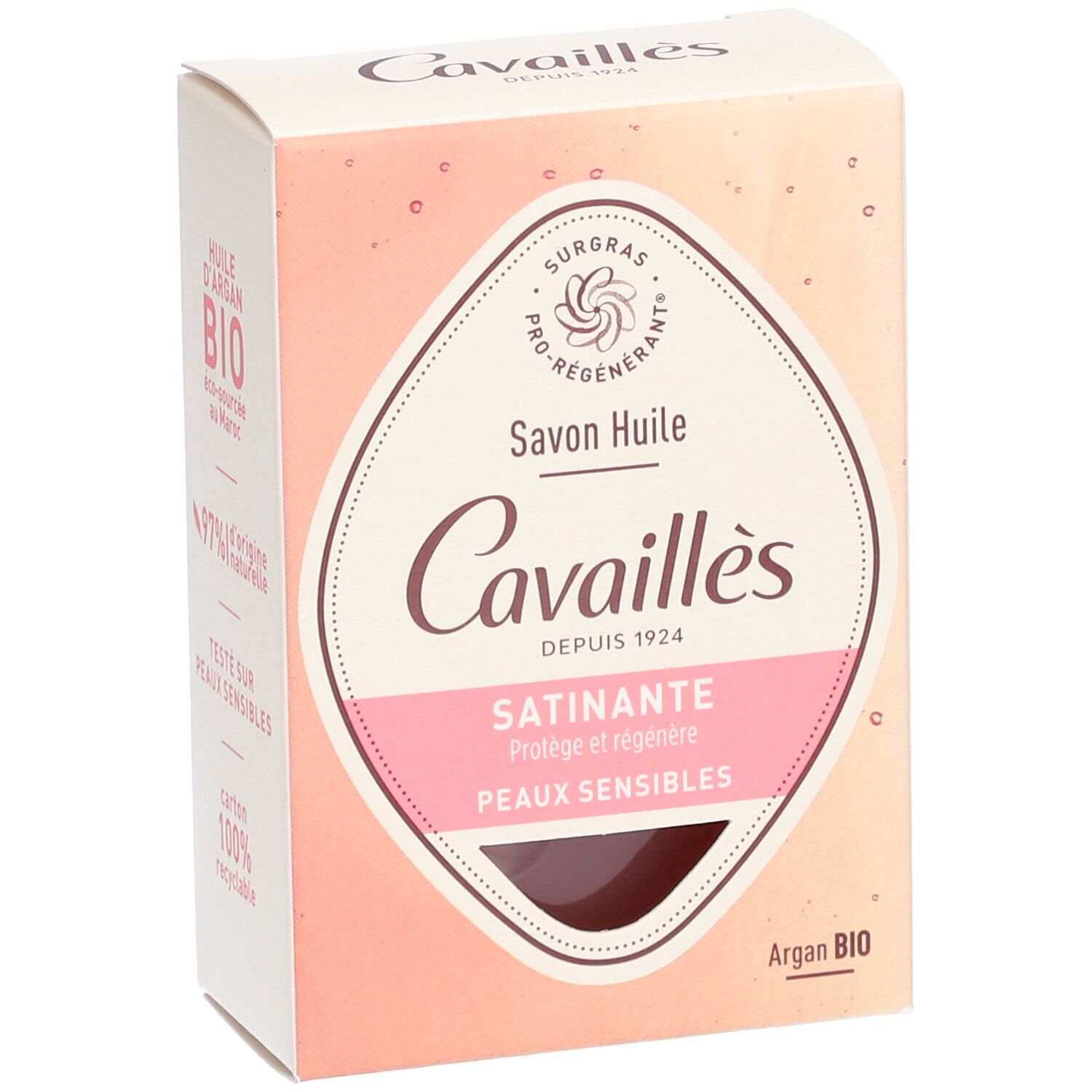 Boîte en carton, vue de face. Marque Cavaillès, nom du produit "Satinante".