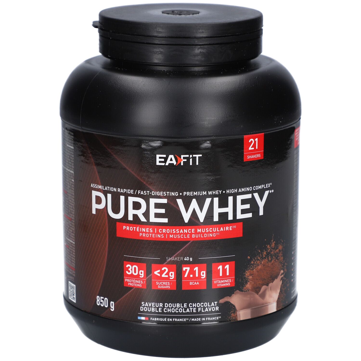 Pot noir EAFIT PURE WHEY. Contient des informations sur les protéines, le sucre, les BCAA et les vitamines. Saveur Double Chocolat. 850g.
