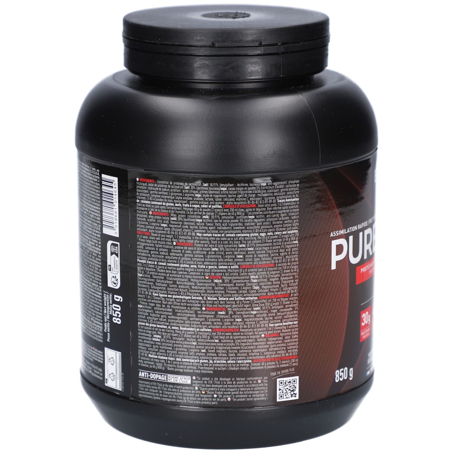 Dos d'un pot noir avec texte. Contient des informations nutritionnelles et des listes d'ingrédients. 850g. Logo anti-dopage.