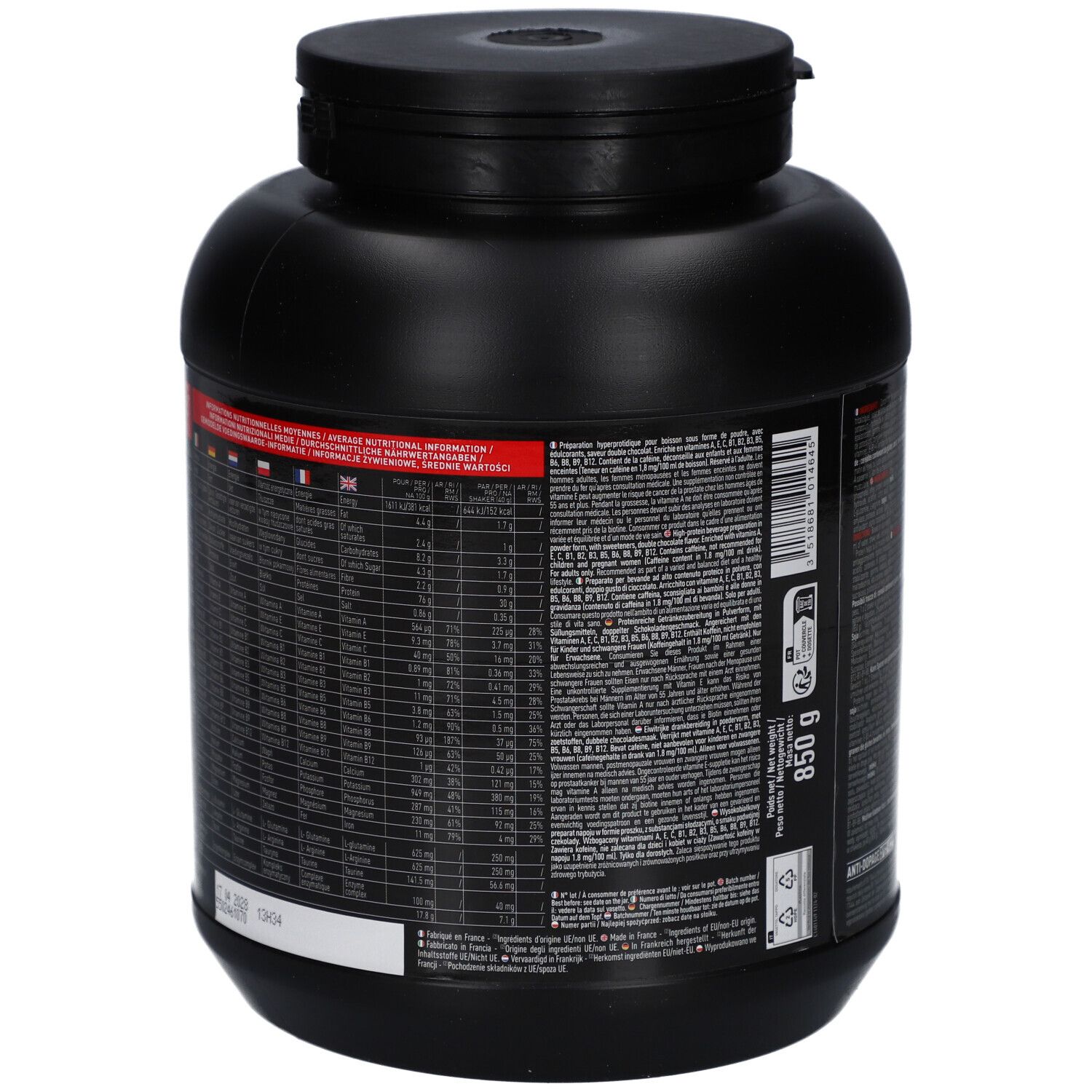 Dos d'un pot noir avec texte. Contient des informations nutritionnelles et des listes d'ingrédients. 850g.