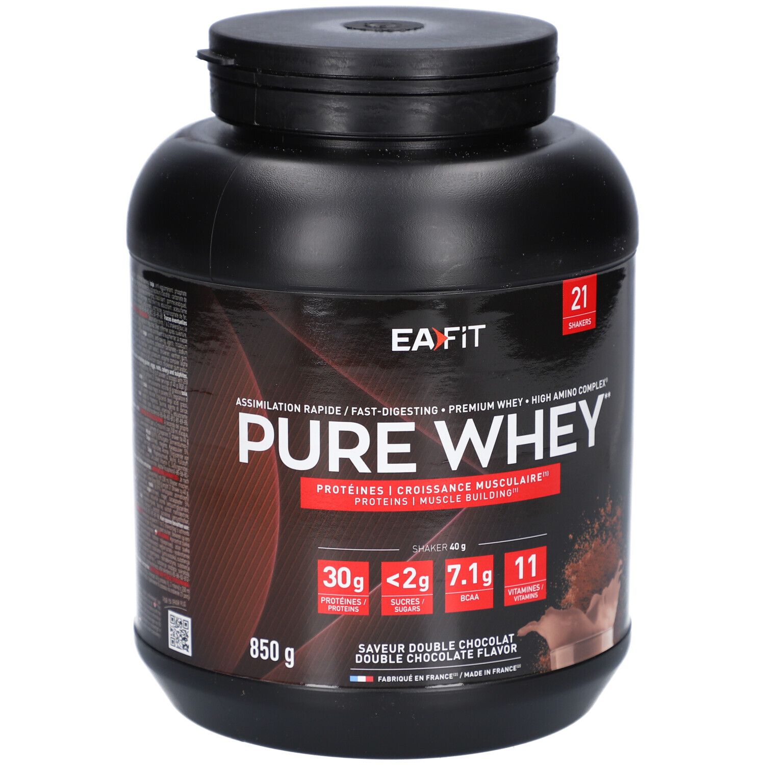 Pot noir EAFIT PURE WHEY. Contient des informations sur les protéines, le sucre, les BCAA et les vitamines. Saveur Double Chocolat. 850g.