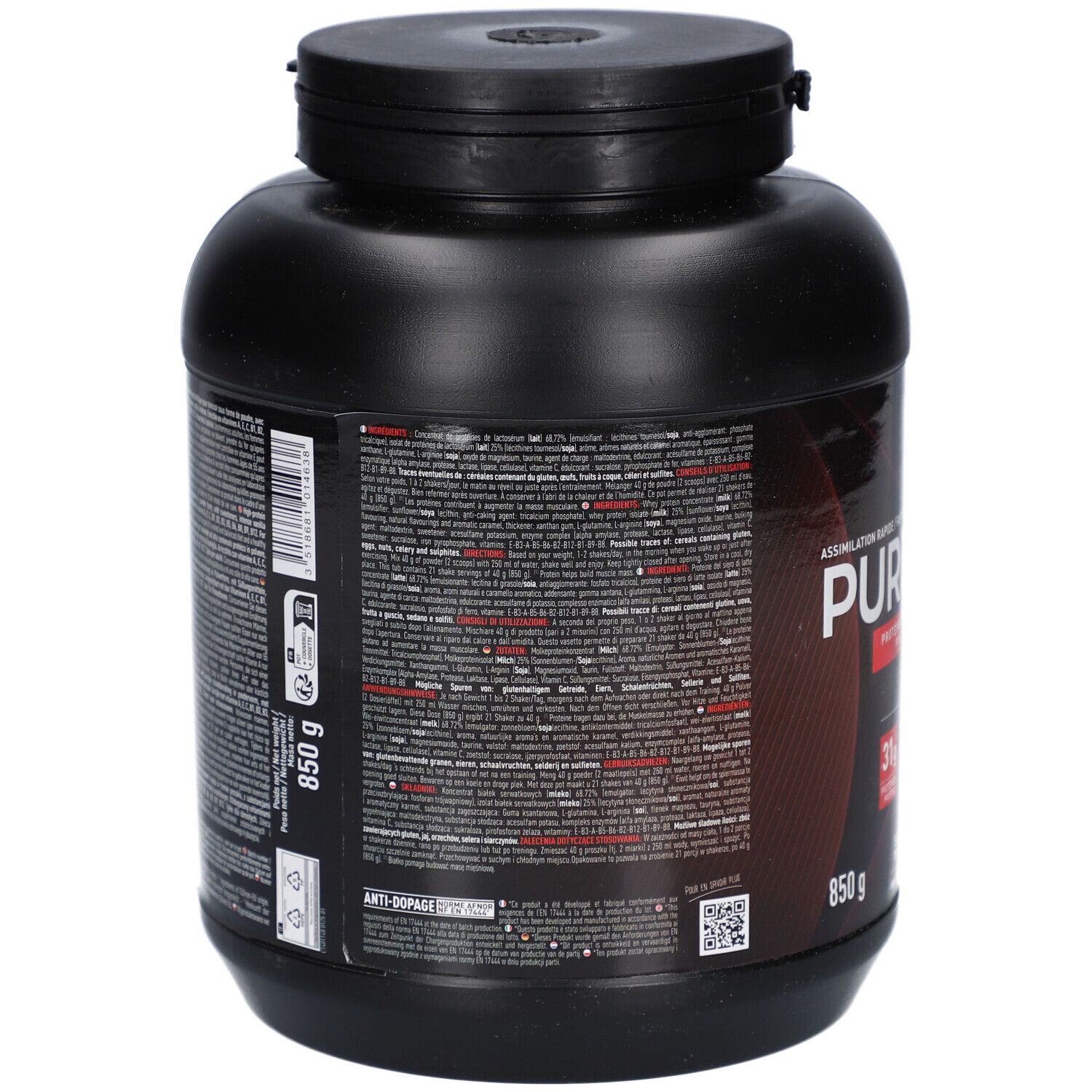 Dos d'un pot noir EAFIT PURE WHEY VANILLE 850G. Texte multilingue. Contient informations nutritionnelles et ingrédients.