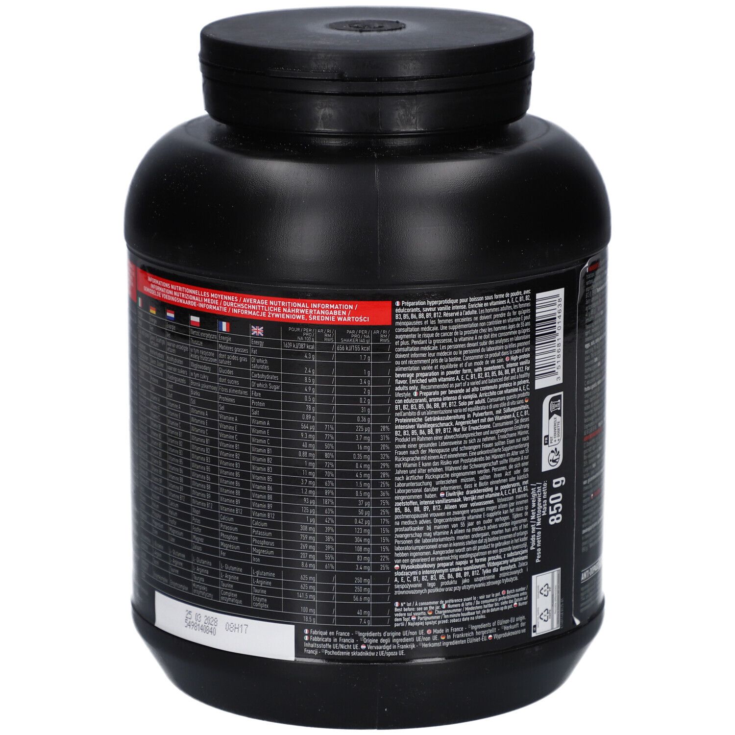 Dos d'un pot noir EAFIT PURE WHEY VANILLE 850G. Contient informations nutritionnelles et ingrédients sous forme de tableau.