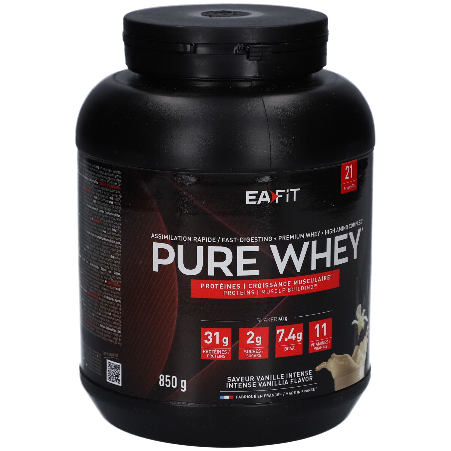Pot noir EAFIT PURE WHEY VANILLE 850G. Inscription: PURE WHEY, 31g protéines, 2g sucres, 7.4g BCAA, 11 vitamines. Saveur vanille.