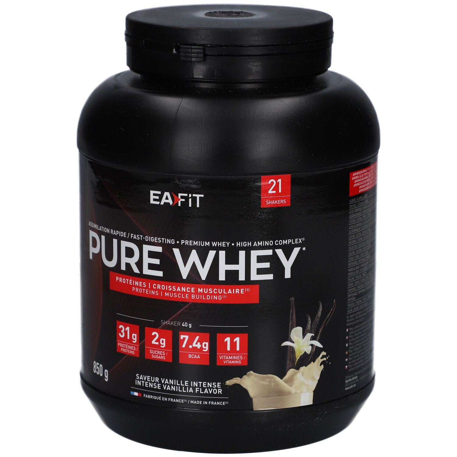Pot noir EAFIT PURE WHEY VANILLE 850G. Inscription: PURE WHEY, 31g protéines, 2g sucres, 7.4g BCAA, 11 vitamines. Saveur vanille.