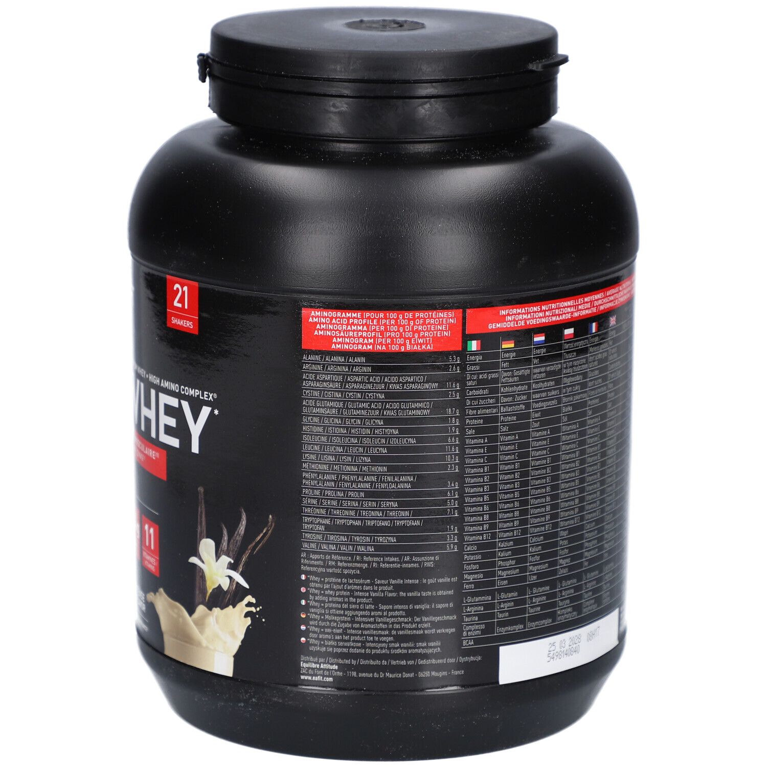Dos d'un pot noir EAFIT PURE WHEY VANILLE 850G. Contient informations nutritionnelles et ingrédients sous forme de tableau.