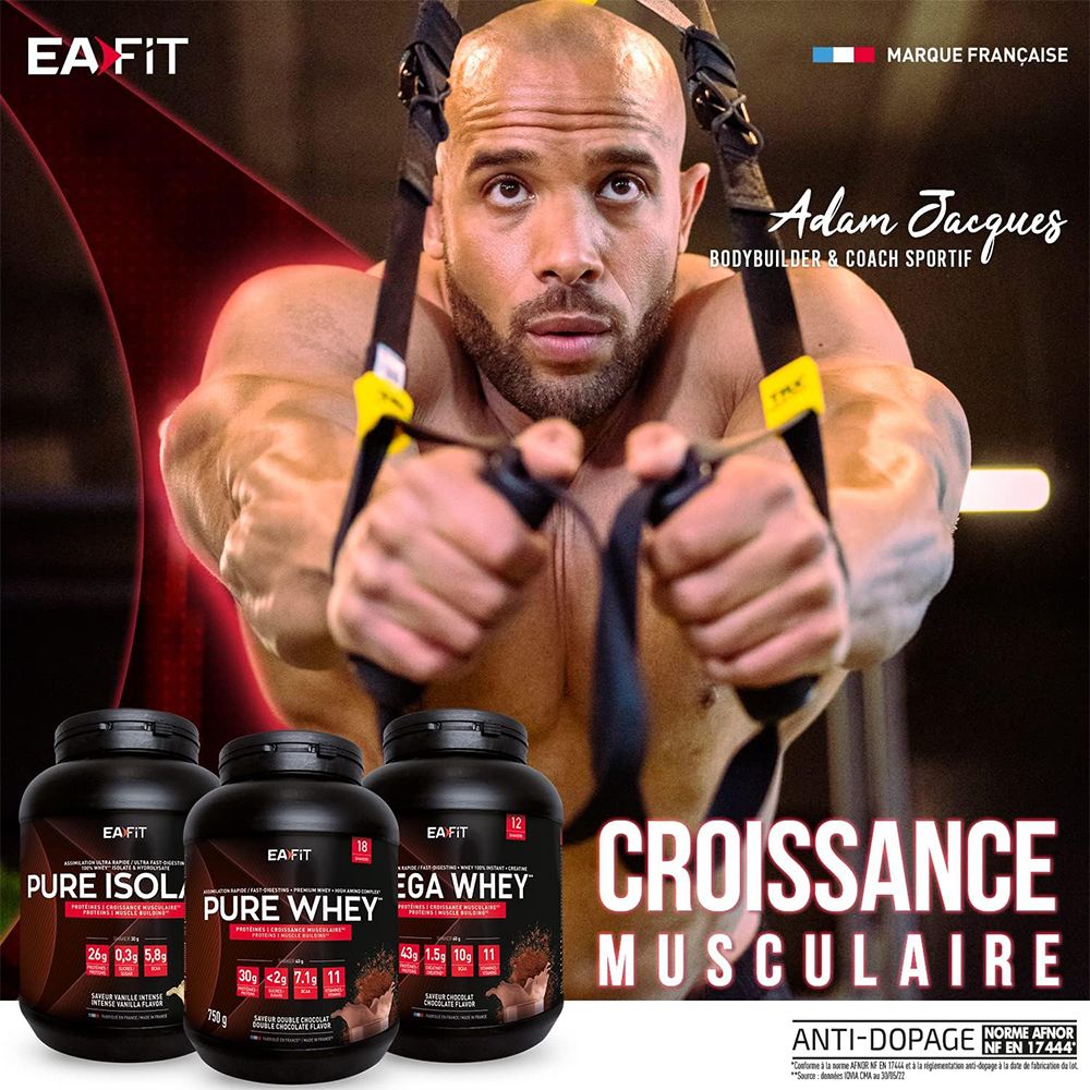 Publicité avec bodybuilder. Trois pots EA FIT, dont Pure Whey. Texte: croissance musculaire. Certification anti-dopage.