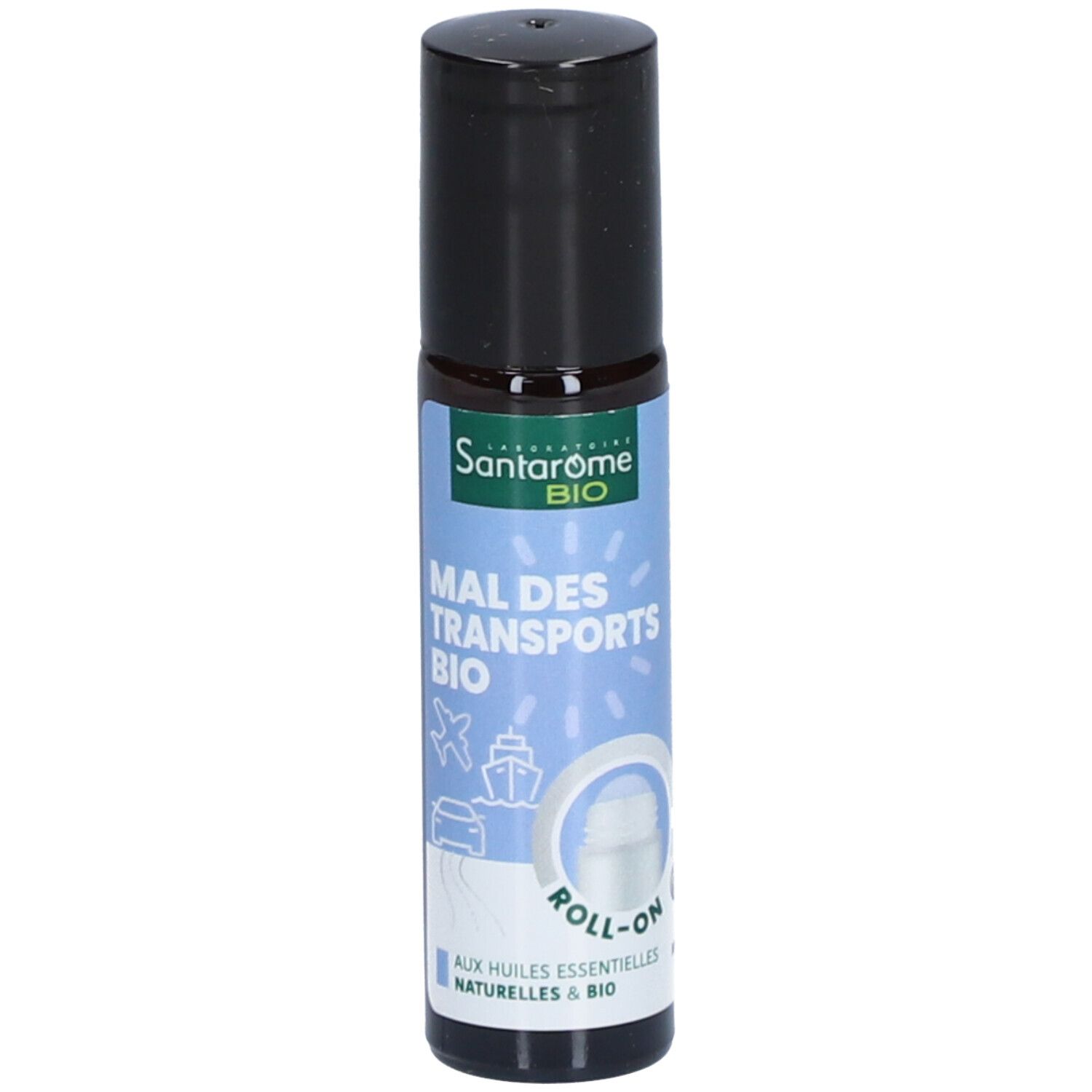 Flacon roll-on noir. Inscriptions: Santarome BIO, Mal des transports BIO, Roll-on. Icônes de transport.